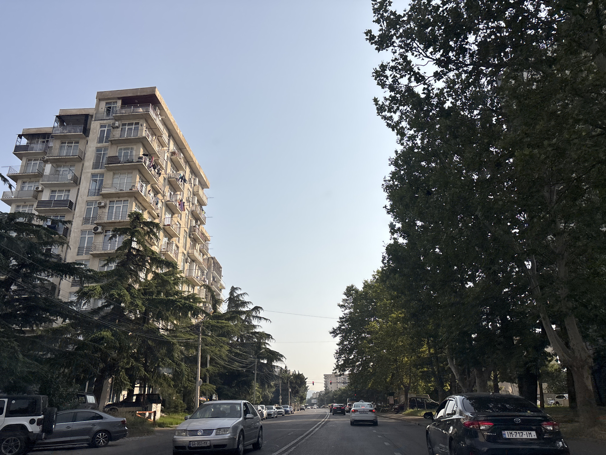The image depicts a street scene in Tbilisi, Georgia. On the left side of the road, a multi-story apartment building with numerous balconies is visible. Large evergreen trees line the sidewalk in front of the building. The road itself is a multi-lane street with several cars driving in both directions. On the right side of the road, a dense canopy of large deciduous trees creates a shaded avenue. The sky is clear and pale blue, indicating daytime. The overall impression is that of an urban environment with significant greenery.