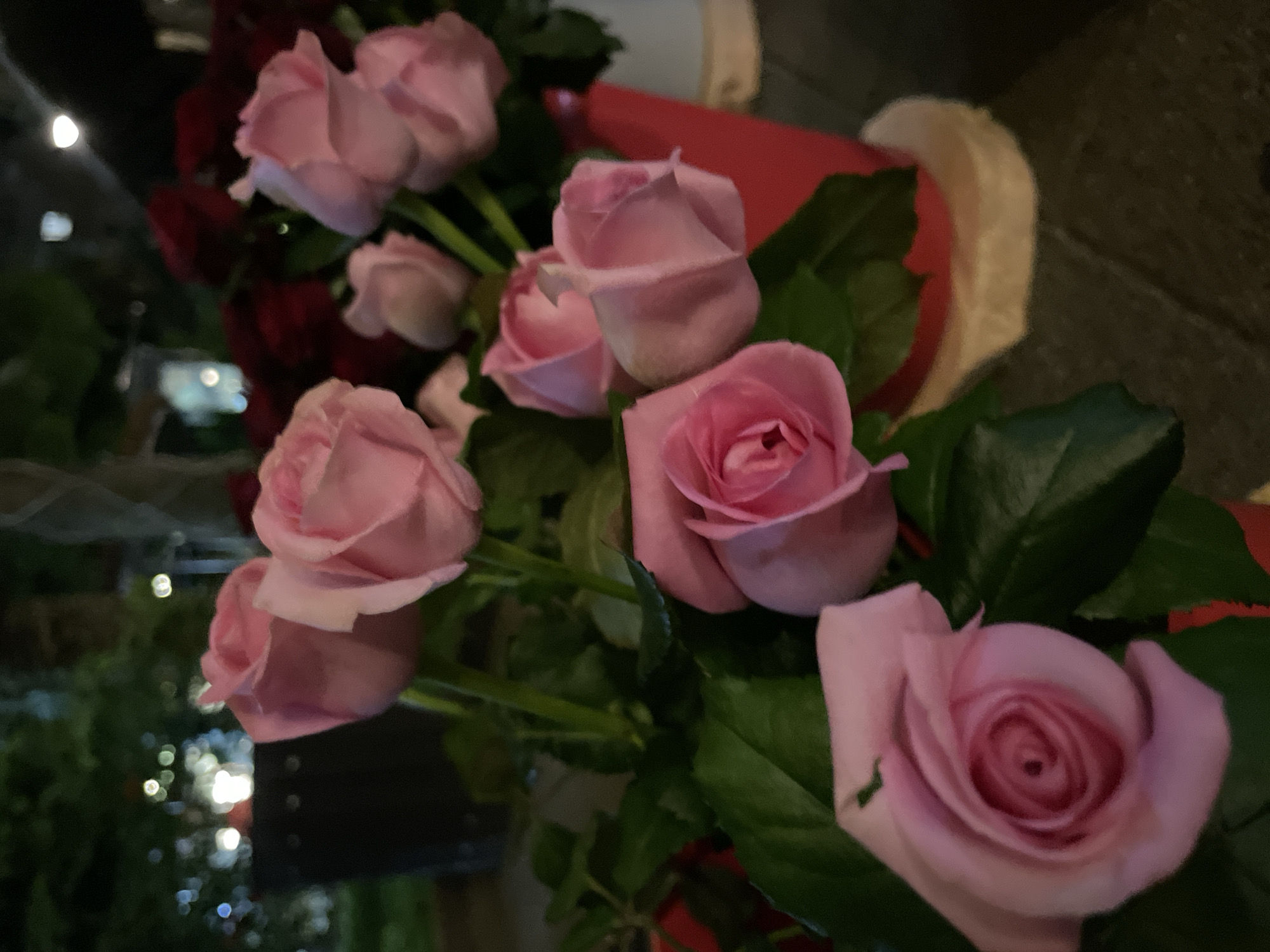 A close-up, slightly blurry, vertical, eye-level outdoor shot showcases a bouquet of pink roses with dark green leaves. The roses are in various stages of bloom, with some fully open and others still budding. In the background, out of focus, are dark red roses, a red bucket, and a black planter. Beyond that, blurred lights suggest a nighttime setting, possibly indicating a city environment. The ground beneath appears to be paved. The image does not contain any people or indicate any specific location within Sochi, Russia.