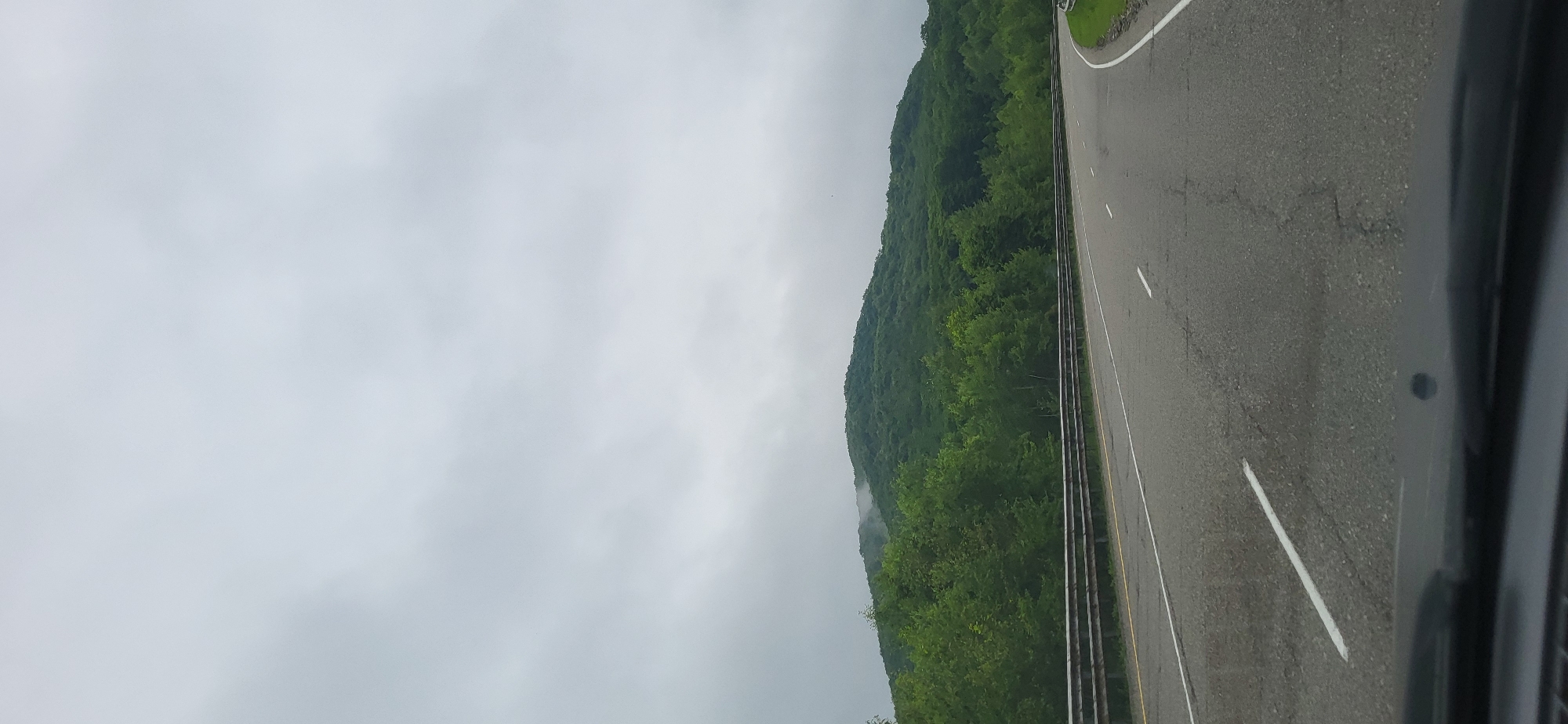 The image shows a highway with a mountain covered in lush green trees in the background. The sky is overcast and appears to be grey. The highway has white lane markings and a guardrail on the left side. The scene is likely captured from a moving vehicle as indicated by the perspective and the blur on the bottom part of the image. There are no people or specific structures visible that would tie this image to Zanadvorovka, Russia, or any other specific location. The environment suggests a natural landscape with a road infrastructure.