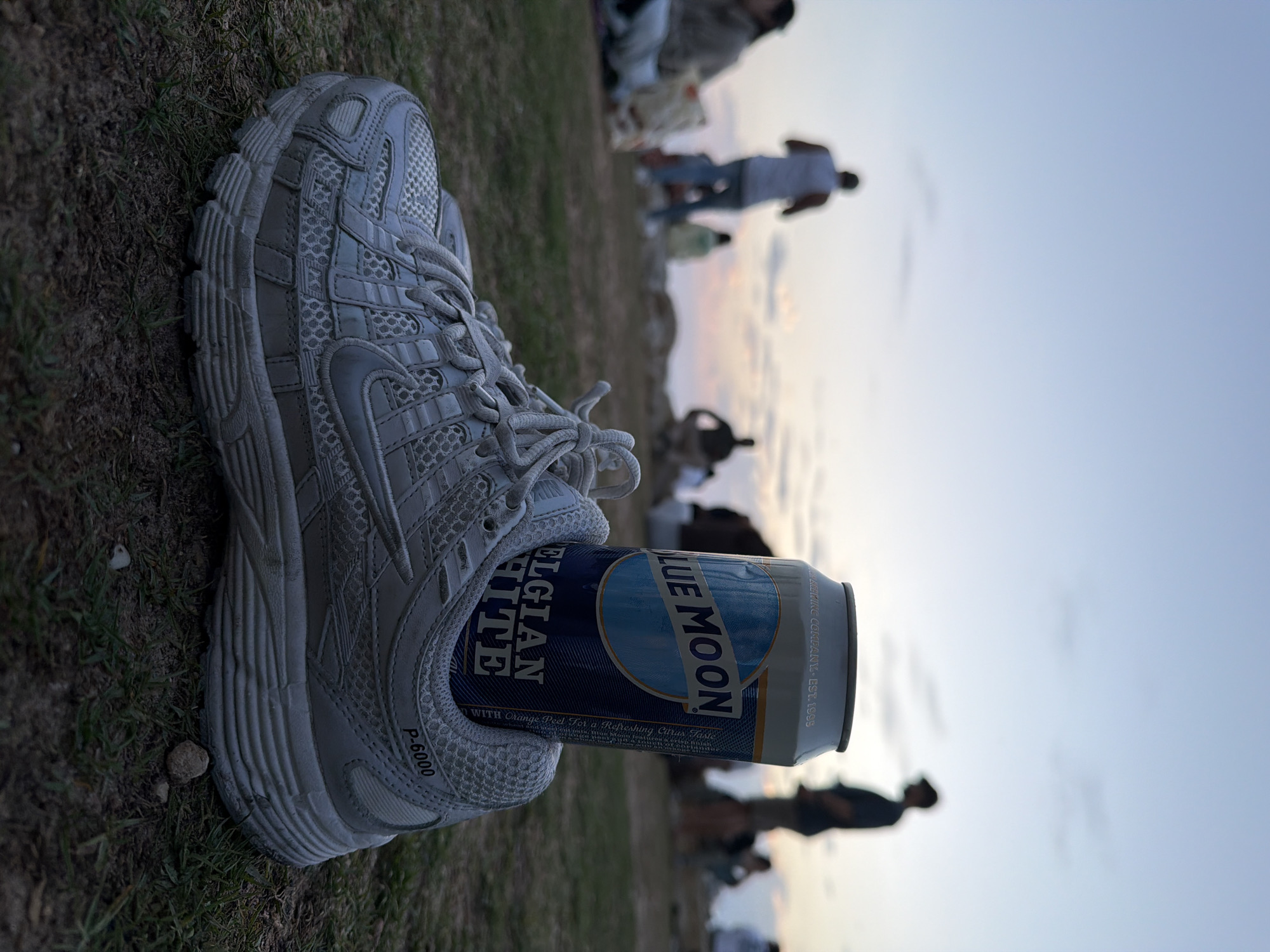 The image is a close-up shot of a gray Nike P-6000 sneaker resting on grass. A partially consumed can of Blue Moon beer is wedged inside the shoe. In the blurred background, several people are visible, suggesting a gathering or social event. The sky in the background suggests it is evening or late afternoon. There is no clear evidence to verify the exact location. Therefore, I cannot confirm if the location is in Tel-Aviv, Israel.