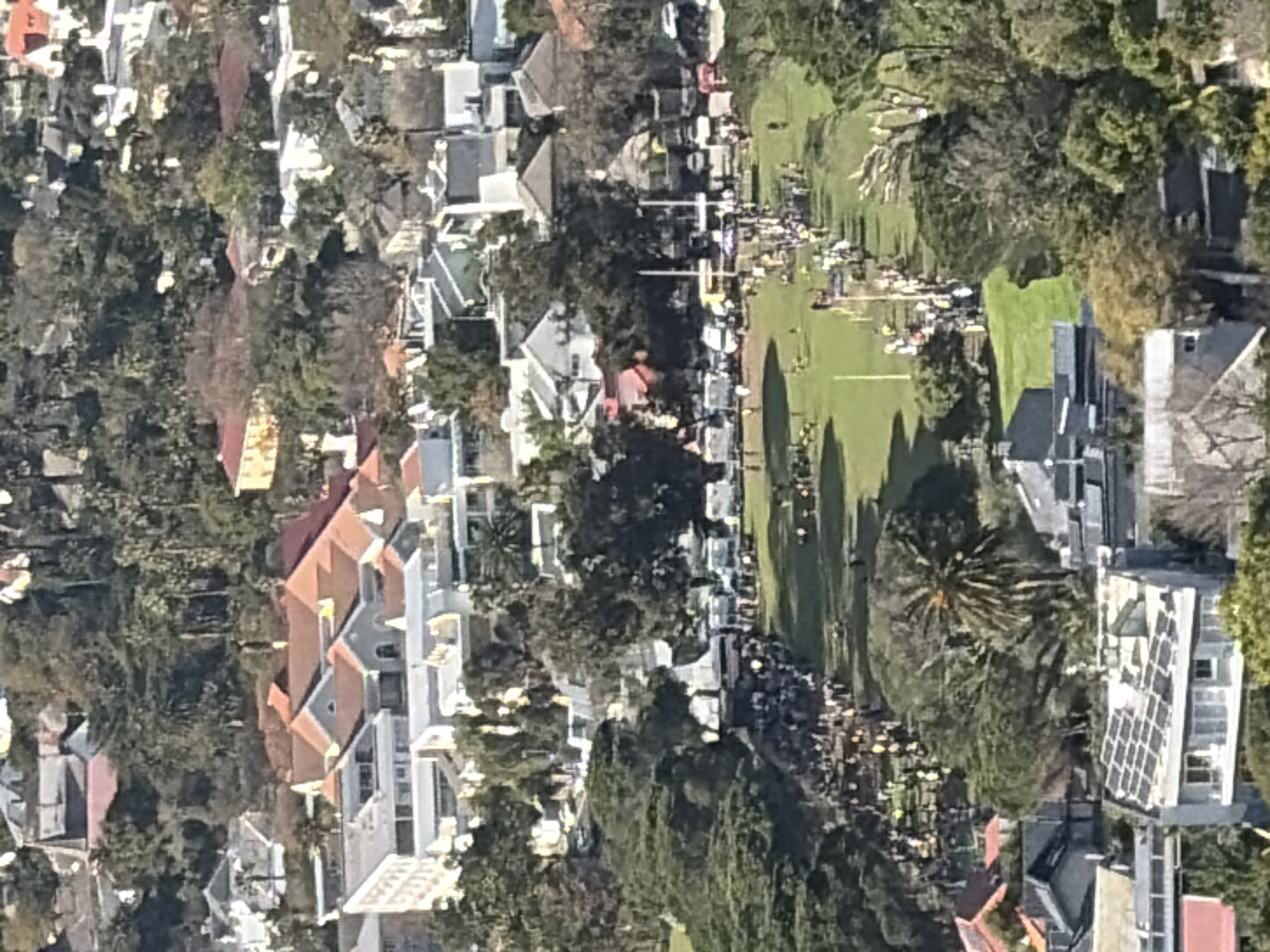 This is a high-angle, medium-shot aerial view of a grassy field with a crowd of people gathered along its perimeter. The scene appears to be in Cape Town, South Africa, possibly a park or sports ground. The field is bordered by trees and residential buildings with red-tiled roofs. A line of vehicles, including vans and cars, are parked along one side of the field. Numerous people, many wearing brightly colored clothing, are visible on and around the field, suggesting an event or gathering is taking place. The overall impression is of a lively outdoor activity with onlookers and participants.