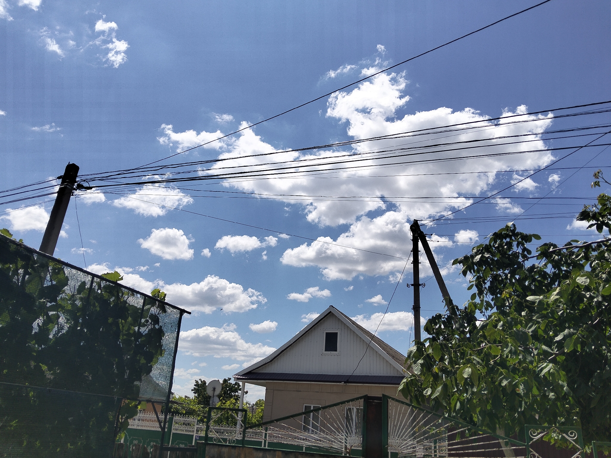 In this outdoor, daytime image of an unknown urban location, a cluster of thick, dark electrical wires dominate the sky, stretching horizontally across the frame. Below these wires, a single-story house with a gabled, white-paneled roof and a dark-colored overhang is visible. The house has a small, dark-framed window on the upper portion of its gable. To the left and right of the house, the branches of lush green trees with dense foliage partially obscure the view. In the foreground, a dark green, netted structure leans against a wooden pole on the left, while on the right, a section of a decorative white metal fence with ornate scrollwork is present. Two tall, dark utility poles, one on the left and another on the right, support the network of wires. The sky is a bright blue, dotted with scattered white, puffy clouds.