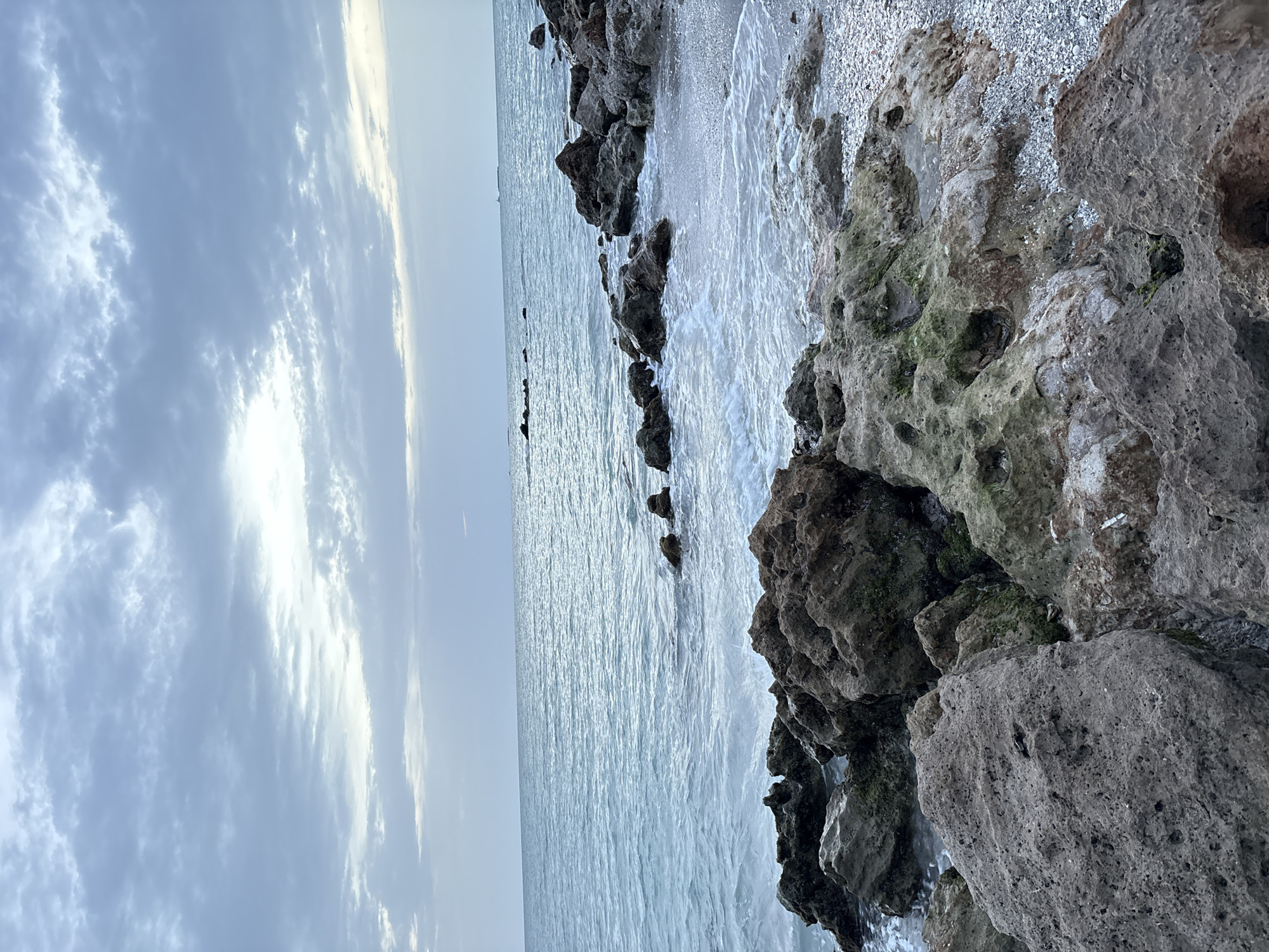 The image depicts a rocky coastline with the ocean and sky visible. The foreground is dominated by large, rough-textured rocks, some of which are covered in patches of green moss. The ocean water is a muted blue-green, with small waves lapping against the shore. In the distance, the horizon line separates the sea from a cloudy sky. The clouds are varied in texture, with some appearing wispy and others more dense, creating a soft, diffused light. There are no people or animals visible in the scene. The environment appears natural and somewhat rugged, suggesting a less developed coastal area. The image captures a serene, possibly overcast, coastal landscape. The location is the city of Venice, United States of America.