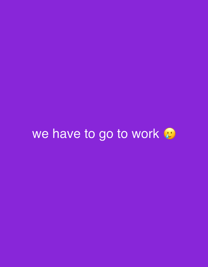 The image is a digital graphic with a solid purple background. In the center of the image, white text reads "we have to go to work" followed by a yellow emoji of a face with a tear. The image does not contain any information or context that would allow for its location to be identified in the city of Sofia, Bulgaria.