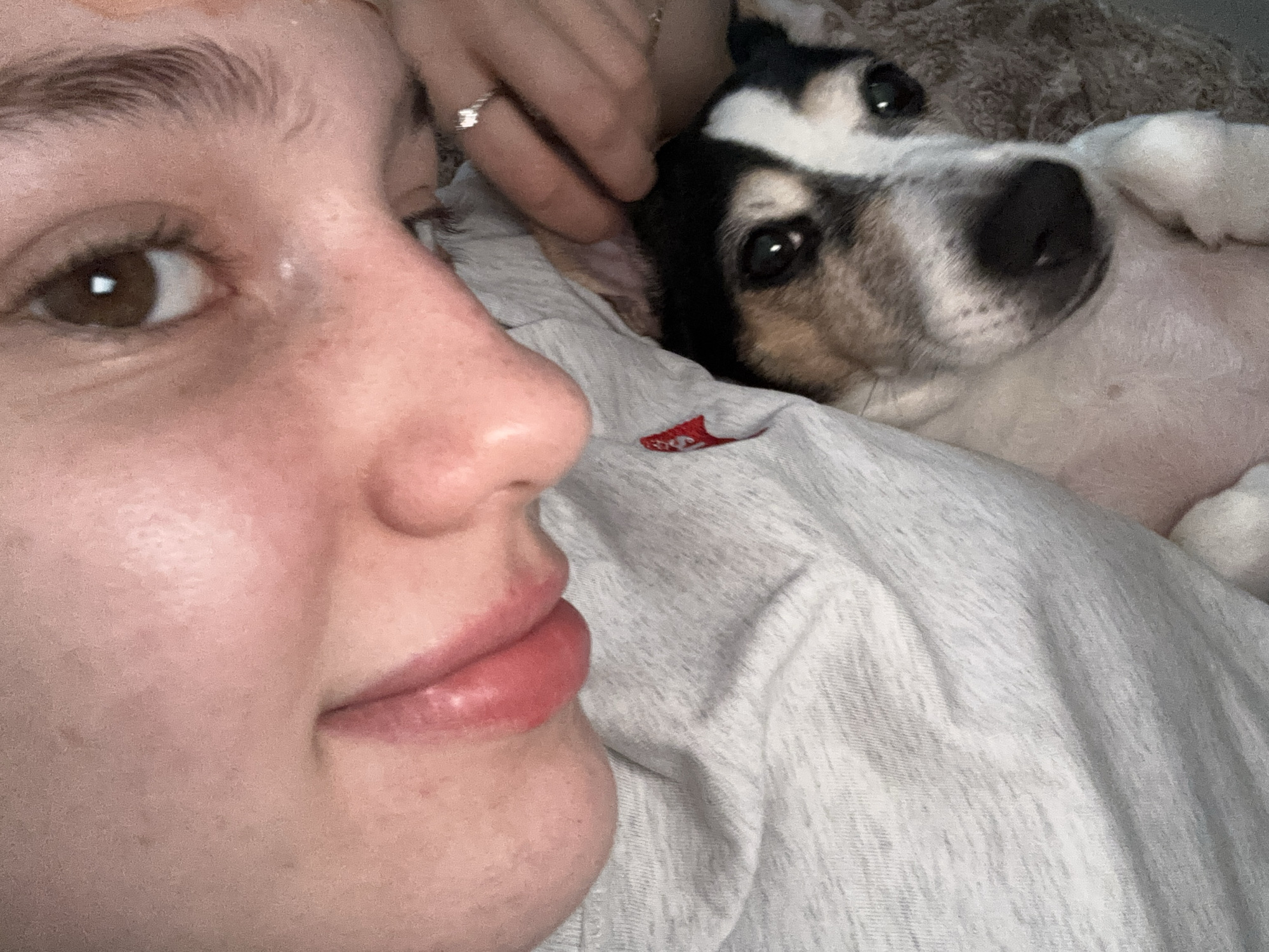 The image is a close-up selfie of a person and a dog. The person's face, partially obscured by their arm and the dog, is on the left side of the frame, with their eye, eyebrow, and lips visible. The dog, a Jack Russell terrier, is positioned in the lower right quadrant of the image, lying down and looking upwards. The person's right hand, adorned with a ring, is near the dog's ear, seemingly petting it. Both the person and the dog are lying on a soft, textured surface, possibly a blanket or rug. The person is wearing a light-colored t-shirt with a small red logo. The background is indistinct, suggesting an indoor setting. The image is taken from a high angle, looking down at the subjects.
