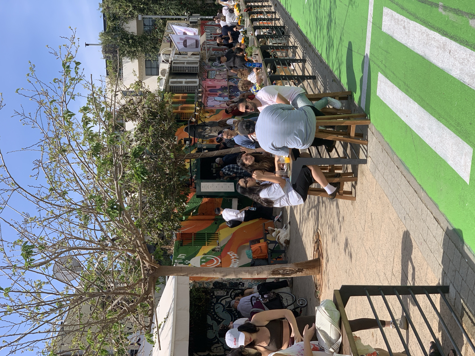 The image captures a vibrant outdoor scene in Tel-Aviv, Israel, on a sunny day, depicting a bustling street-side cafe or bar. Numerous people, predominantly young adults, are gathered at high wooden tables with matching stools. They are casually dressed and appear to be socializing, drinking, and relaxing in the pleasant weather.
The setting includes a paved sidewalk where the tables are arranged, adjacent to a distinct bright green pathway marked with thick white stripes, likely a bike lane or pedestrian area. Buildings line the street; some are adorned with colorful graffiti and street art, including a prominent smiley face icon. Visible Hebrew text on one wall includes the word "קפה" (cafe). Another building in the background is a light-colored structure partially covered in green climbing foliage, with air conditioning units visible beneath its windows.
Several trees with sparse green leaves, indicating early spring growth, are interspersed along the sidewalk, casting long shadows across the pavement due to the bright midday or early afternoon sun. Patrons are seen holding glasses with beverages, one containing an orange-colored drink. A dog is partially visible near one of the tables. The overall atmosphere is lively, casual, and social, typical of urban outdoor leisure.