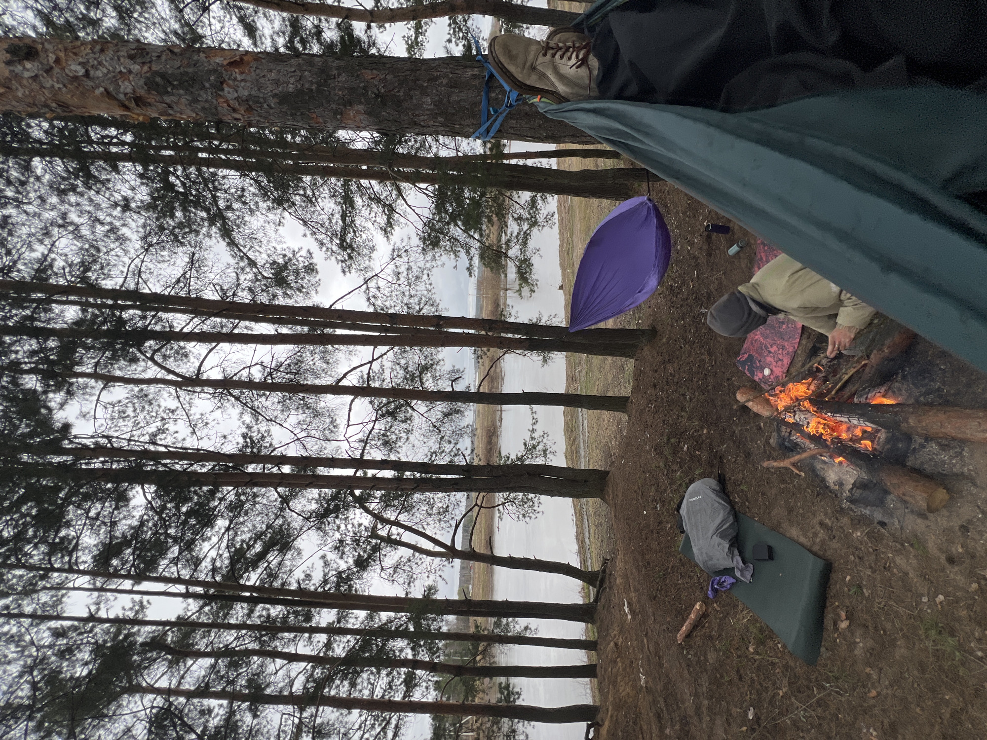 The image depicts a camping scene in a forest. A person is in a hammock suspended between trees, with a shoe visible. Another individual is tending to a campfire. A purple hammock cover is suspended below the first hammock. Camping gear, including a backpack and sleeping pad, are visible near the fire. In the background, trees line a body of water under a cloudy sky. The location is Красная Дубрава, Russia.