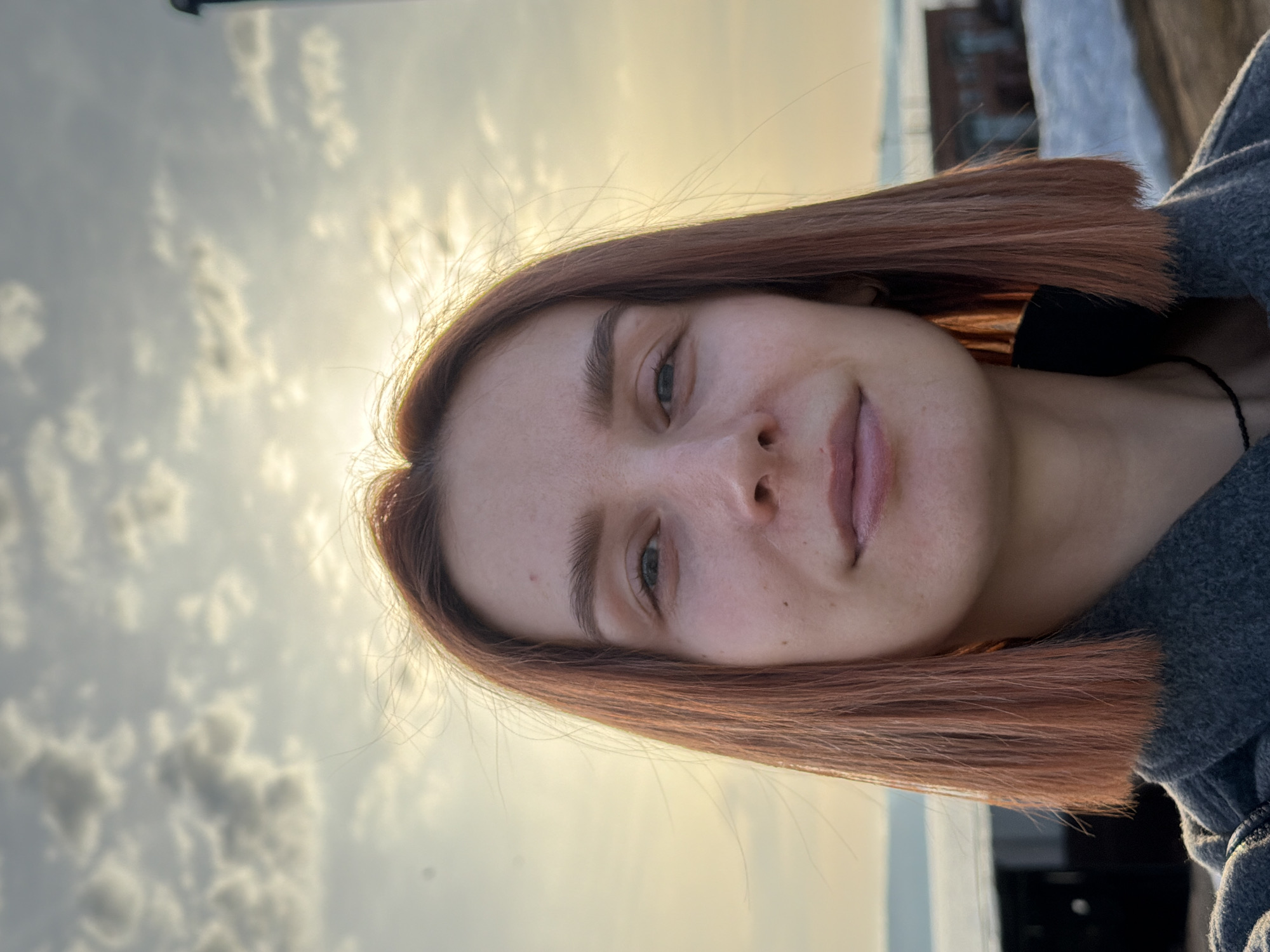 A young woman with shoulder-length auburn hair poses for a selfie against a background of a cloudy sky. The sun is behind her head and to her left, causing a slight lens flare. She wears a gray hoodie, and part of a building can be seen in the upper right corner. The location is presumably Chaikovsky, Russia, as specified in the prompt.