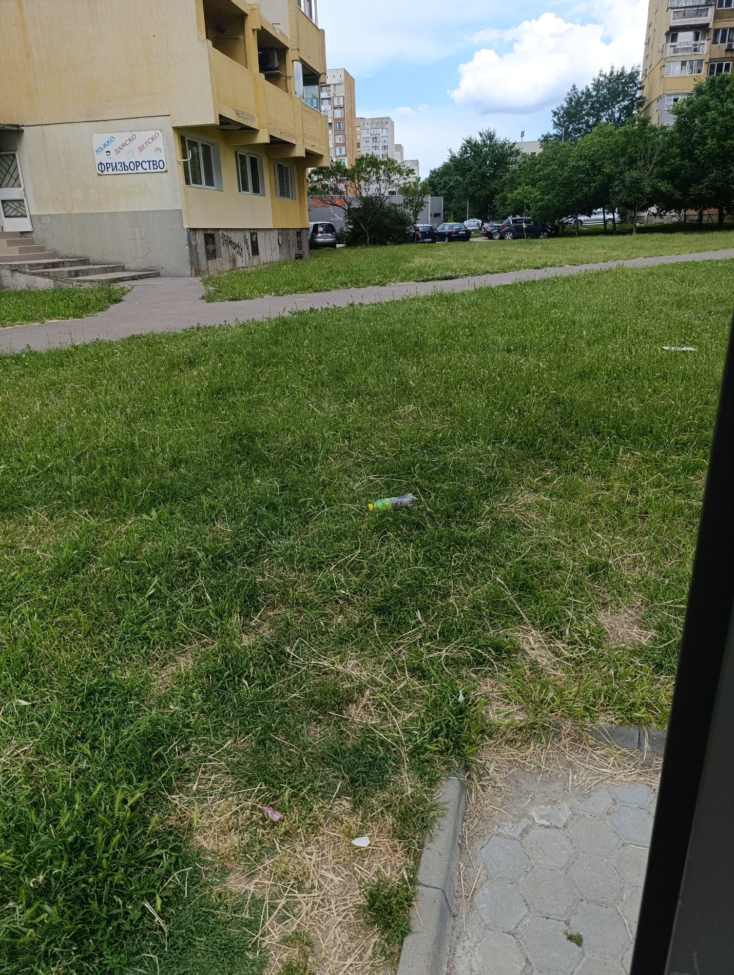 The image depicts an outdoor scene on a sunny day. In the foreground, a well-maintained grassy lawn stretches across the frame. A light gray paved pathway, bordered by a concrete curb, runs along the right edge of the lawn. In the middle ground, a light yellow, multi-story building is visible, with a sign that reads "ФРИЗЬОРСТВО" (which translates to "Hairdressing") in Cyrillic script. The building has multiple windows and balconies. Behind the building, a line of trees forms a backdrop, with several parked cars visible in the distance. The sky is blue with scattered white clouds. There are no people visible in the image. A discarded green and yellow plastic bottle lies on the grass in the middle of the frame. The overall impression is of a typical urban environment in Sofia, Bulgaria, with a focus on everyday infrastructure and a touch of litter.