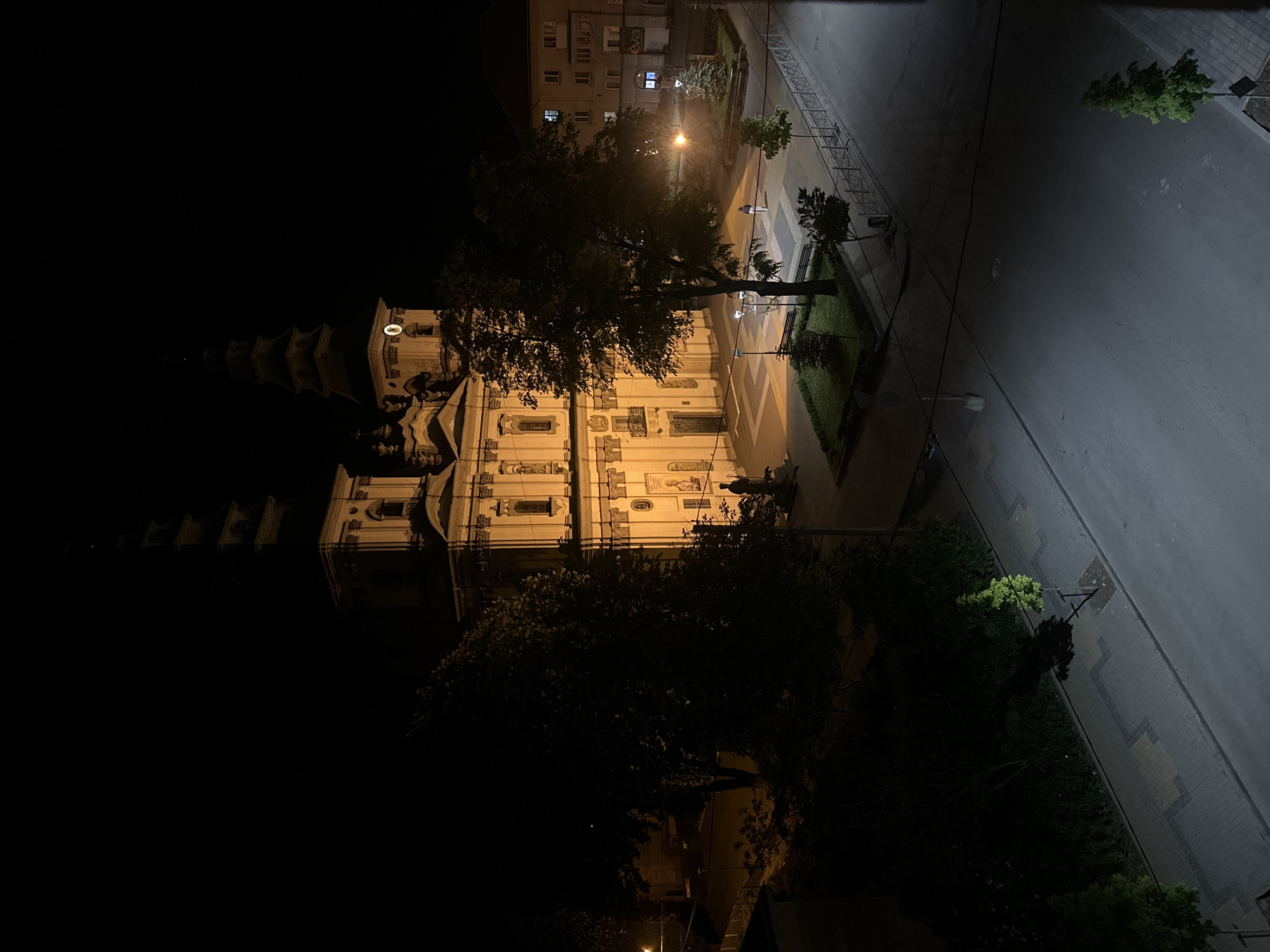 A nighttime, high-angle view shows the Dominican Church in Ternopil, Ukraine. The church's illuminated facade and towers contrast with the surrounding darkness. A tree partially obscures the view of the building. A street runs alongside the church, lit by streetlights. A building is visible in the upper portion of the frame.