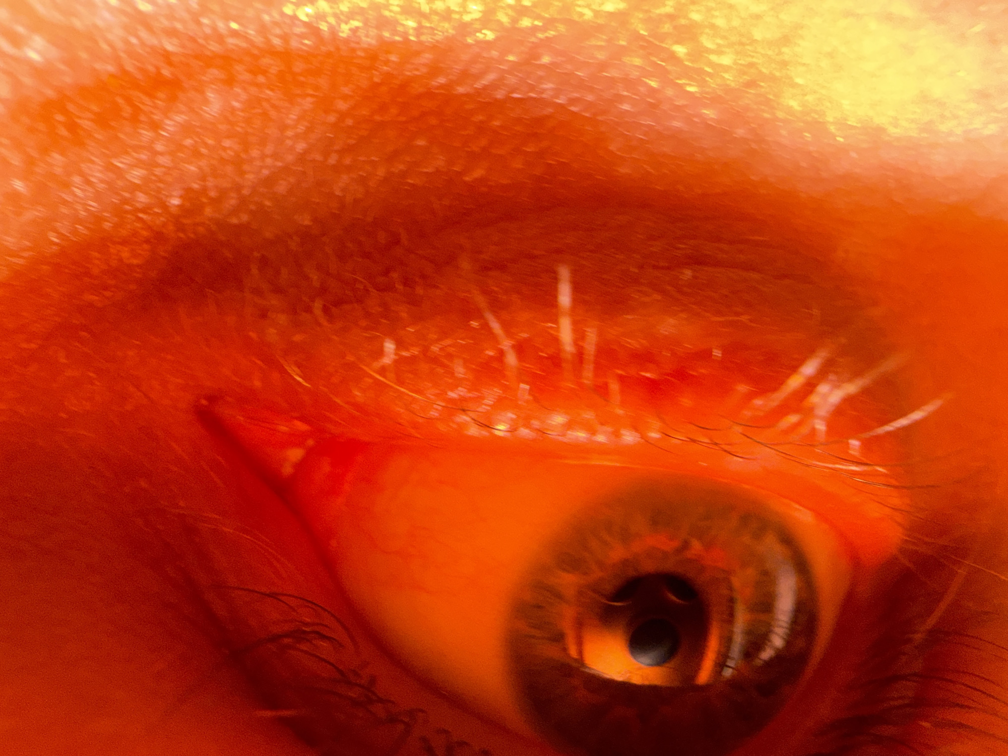 This is an extreme close-up, abstract image dominated by warm, vibrant red and orange hues. The focus is on an eye, with the iris and pupil clearly visible. The surrounding skin appears textured and slightly blurred due to the macro perspective. The lighting creates a dramatic, almost otherworldly glow. There is no discernible location in Bangkok, Thailand, or any context related to a city. The image is purely an artistic or scientific macro photograph of an eye.