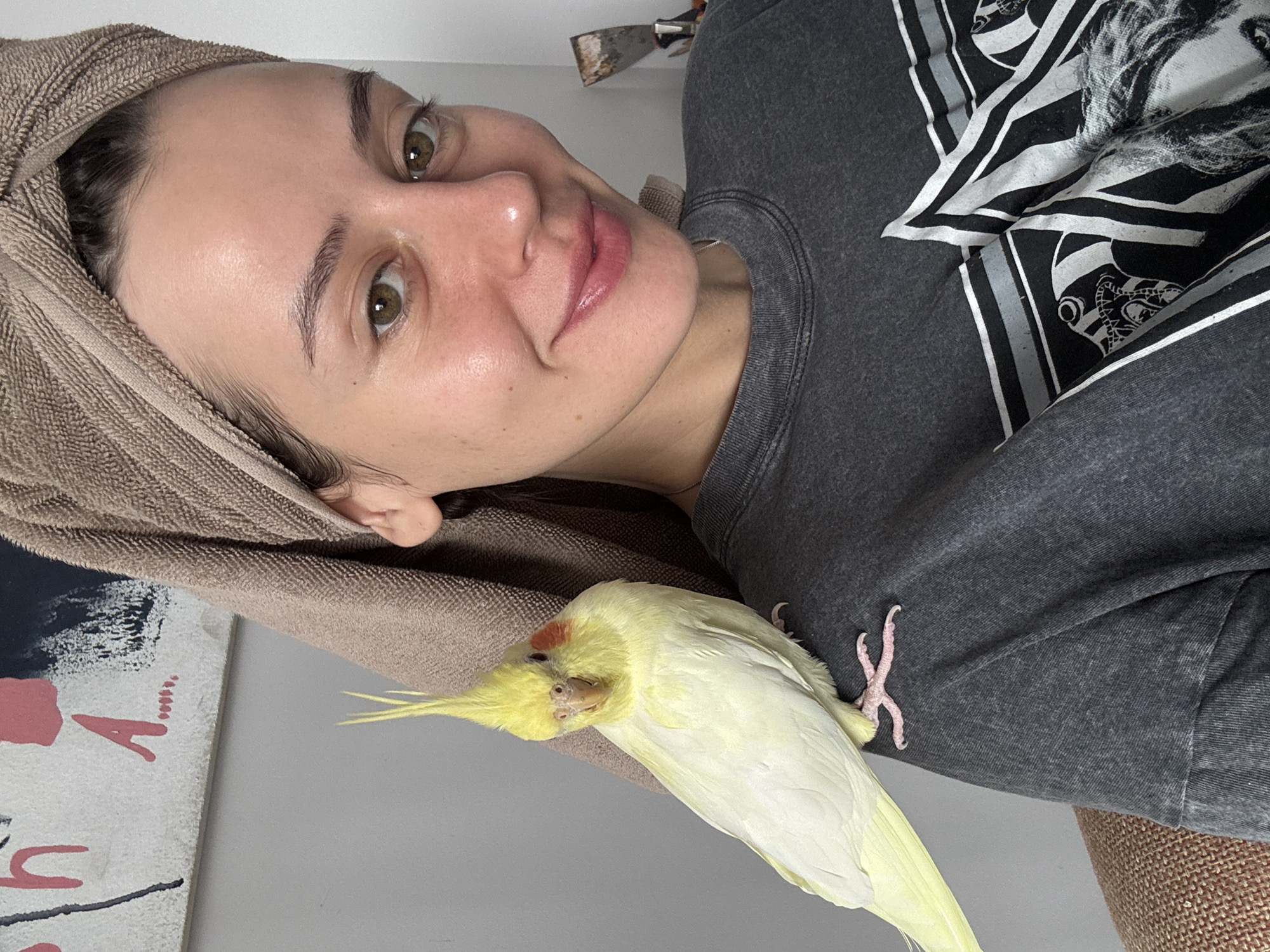 A medium, slightly angled shot shows a woman in the upper left portion, with a beige towel wrapped around her head, and a pale yellow cockatiel perched on her arm. The woman has fair skin, brown eyes, and pink lips, and is smiling slightly at the camera. She is wearing a gray, graphic tee shirt. The cockatiel is yellow with a reddish spot on its face and a few yellow feathers jutting up. It is facing left. To the left of the woman's head, there is a painting hanging on the wall. The background is a plain, light gray wall. The location is inside. The city of Krasnoyarsk, Russia, cannot be determined from this image.