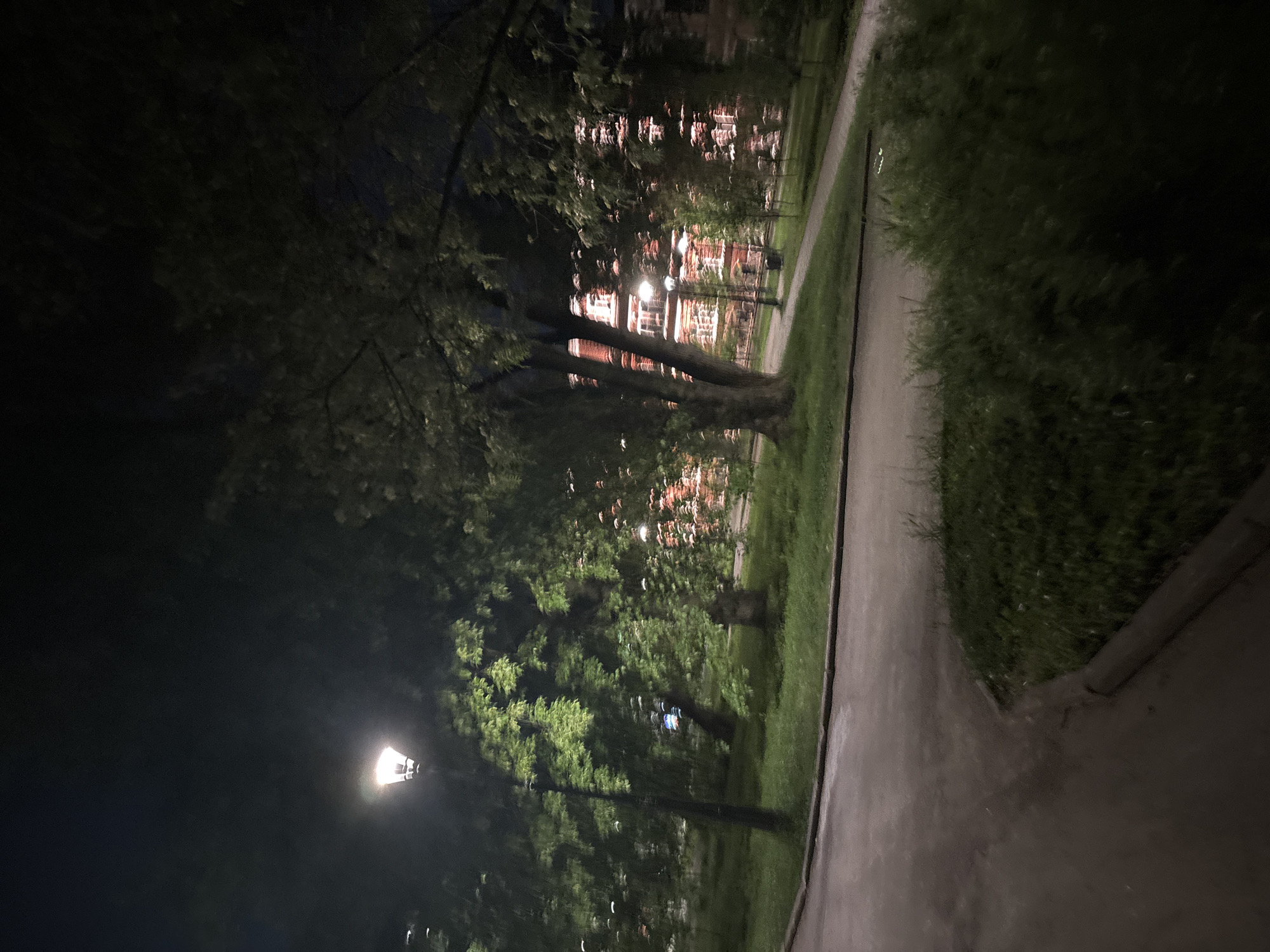 The image shows a night scene in what appears to be a park or green space in Perm, Russia. A paved path runs along the right side of the frame, bordered by grass and foliage. A building with lighted windows is visible in the background, partially obscured by trees. A street lamp illuminates the foreground on the left. No people or interactions are directly visible. The overall environment is dark and illuminated by artificial light sources.