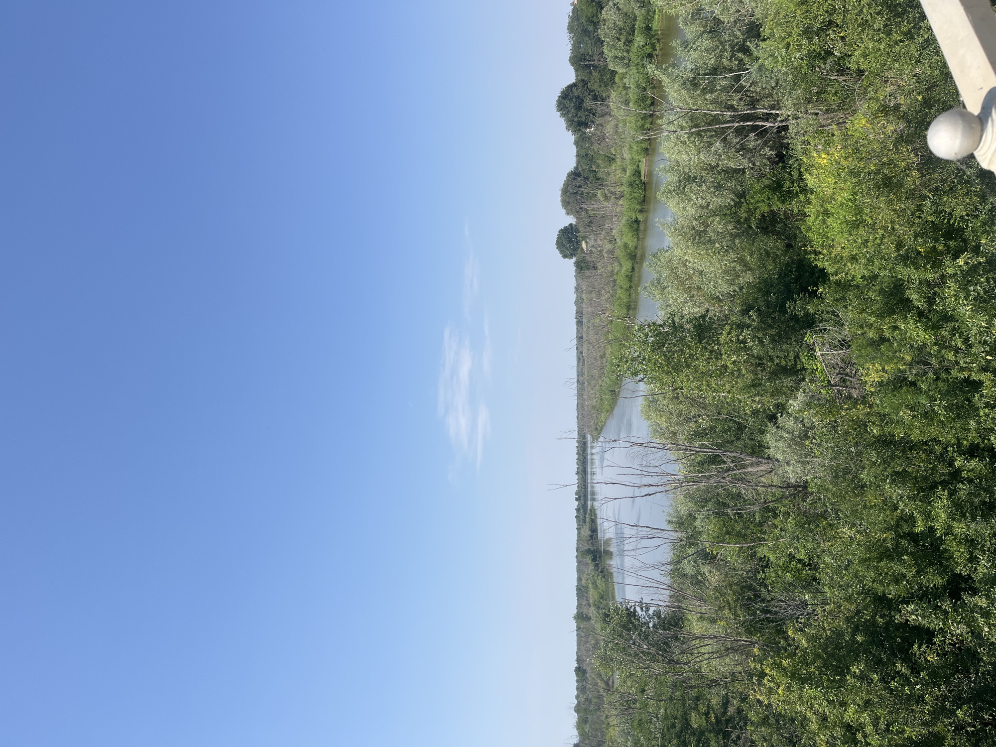 The image depicts a wide, calm river in Kamyzyak, Russia, bordered by dense, lush green vegetation on both sides. The sky above is a clear, bright blue with a few wispy clouds. In the foreground, there is a light-colored railing with a spherical finial, suggesting the viewpoint is from a bridge or elevated structure. The river appears calm, reflecting the light of the sky. The surrounding trees and bushes are varied in color and texture, indicating a natural, possibly wetland environment. No people or animals are visible in the scene.