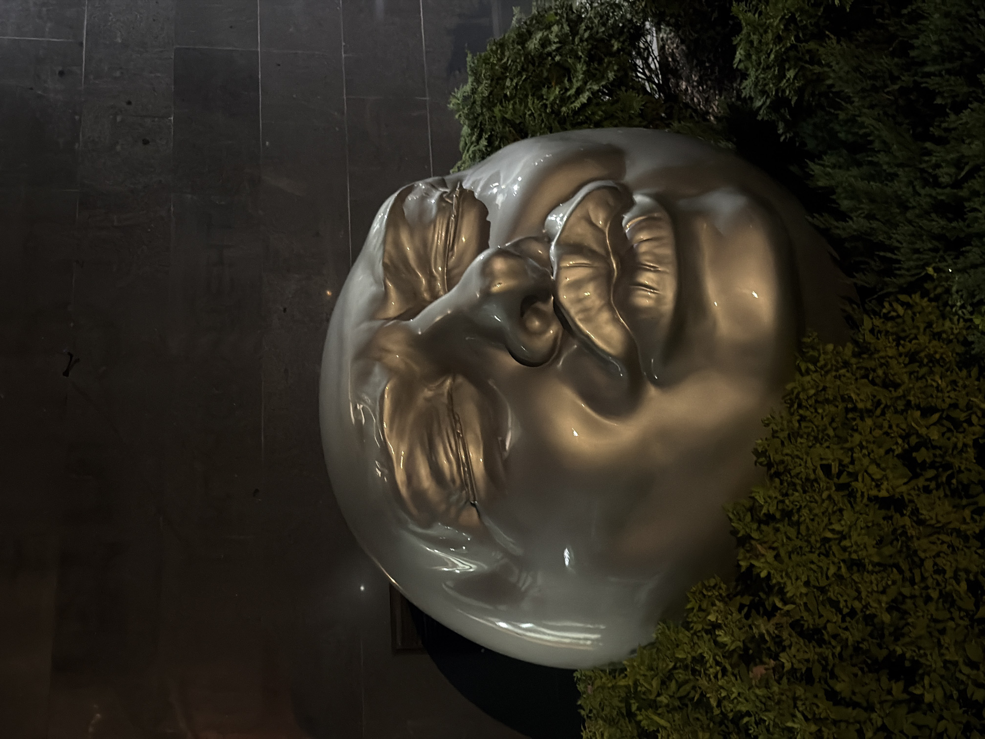 A large, metallic sculpture of a face with closed eyes and pursed lips is situated outdoors at night. The sculpture is mostly silver and reflects light, creating a glossy appearance. It is surrounded by dense, dark green foliage on the left and right sides, with a dark, textured wall in the background. The overall impression is of an artistic installation. The sculpture is located in front of the facade of the Central Children's Store (TsDK) in Moscow, Russia.