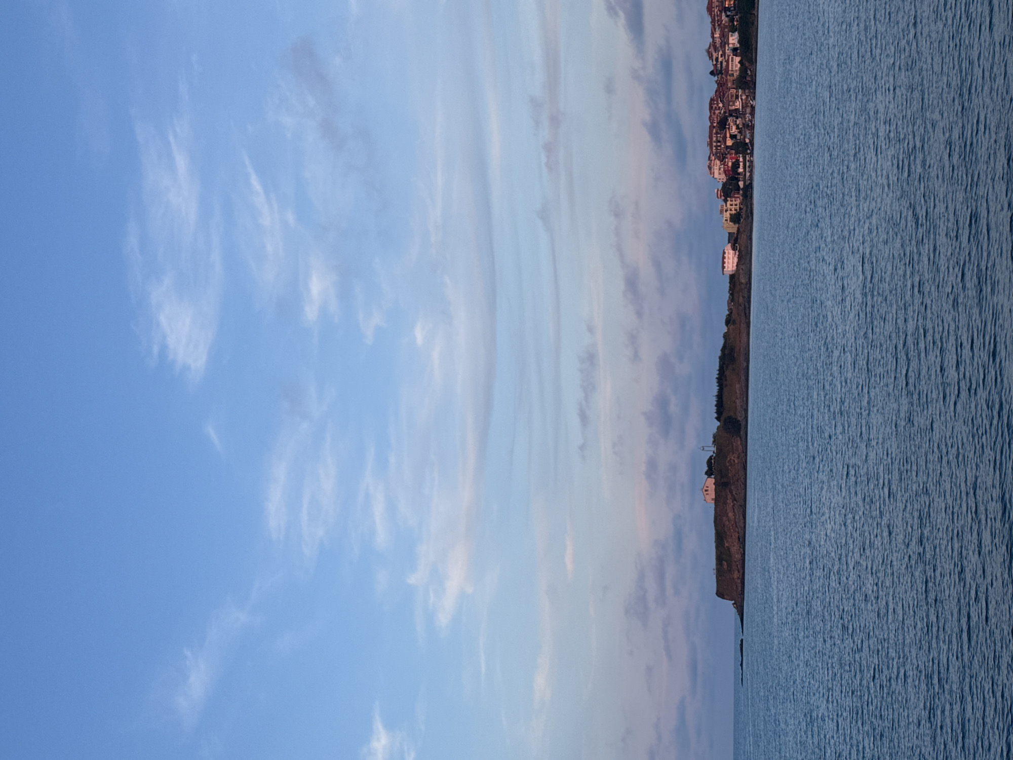 The image depicts a coastal scene in Tsarevo, Bulgaria, likely during the late afternoon or early evening given the soft light and pastel hues in the sky. The foreground is dominated by the calm, blue waters of the sea, which have a slightly rippled texture.
In the middle ground, a rocky peninsula juts out into the sea, crowned with a prominent white building, possibly a lighthouse or a house. The peninsula is covered in vegetation and appears to be a natural formation.
To the right of the peninsula, along the coastline, is a settlement characterized by a cluster of buildings with red-tiled roofs and white or light-colored walls. These structures are typical of coastal European towns. The buildings appear to be residential or commercial properties.
The sky above is a blend of light blue and soft pink and purple tones, indicating either sunrise or sunset. Wispy white clouds are scattered across the sky, adding depth and texture to the scene. The overall impression is one of tranquility and natural beauty. There are no people or visible actions depicted in the image. The focus is on the landscape and the architecture of the coastal town.