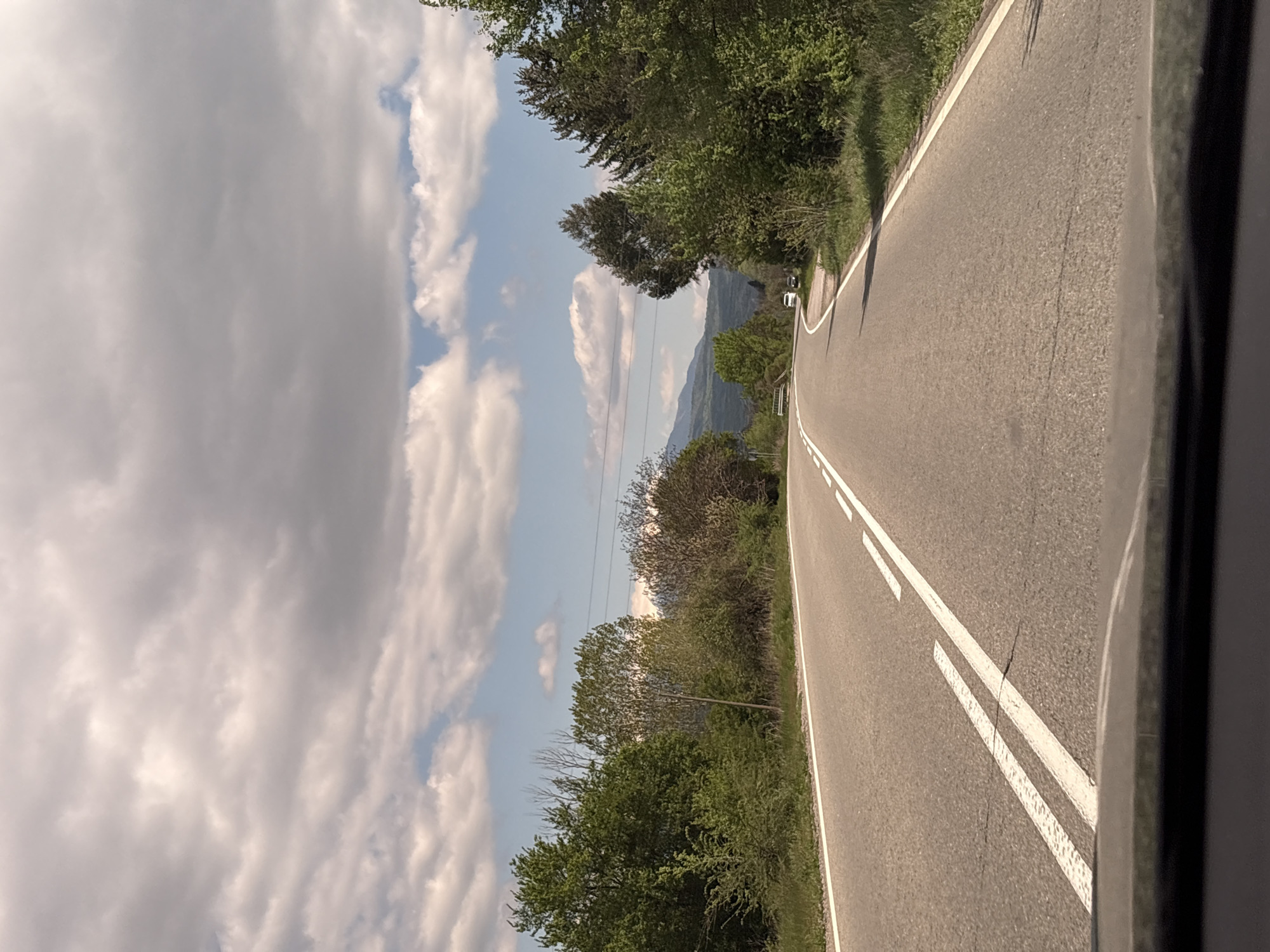 The image shows a gray asphalt road with double white lines running down the center. Lush green trees line both sides of the road. In the distance, a hazy mountain range is visible under a partly cloudy sky. The road appears to be winding slightly. The photo seems to have been taken from inside a vehicle. The scene suggests a rural or semi-rural location, likely in the Novi Chiflik area of Bulgaria, characterized by mountainous terrain and verdant vegetation. There are no people visible. A car is driving on the road.