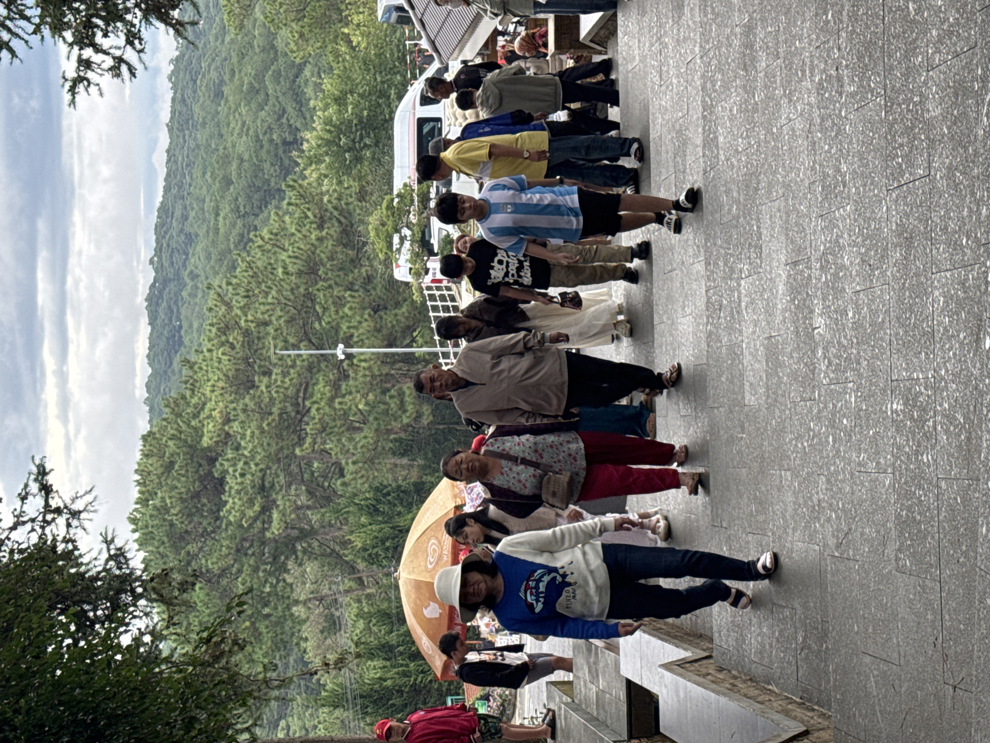 The image depicts a group of people walking down a stone staircase in Da Lat, Vietnam. The setting appears to be a scenic outdoor location with lush green hills and pine trees in the background. The sky is overcast with clouds.
In the foreground, a woman wearing a white hat, a blue and white sweater with a fish design, and dark jeans walks down the stairs. She is followed by another woman in red pants and a patterned blouse, carrying a small purse. A young boy in a blue and white striped soccer jersey and black shorts is walking in front of them, looking ahead. Behind him, other individuals are visible, including a man in a yellow shirt and jeans, and other figures further down the stairs.
Behind the people, an orange umbrella is visible, possibly set up for shade or a vendor. In the middle ground, white vans are parked, suggesting a tourist area or transportation hub. The stairs themselves are made of large, grey stone tiles. Trees and foliage frame the upper parts of the image. The overall impression is a casual day out for a group of tourists or locals exploring an attraction in Da Lat.