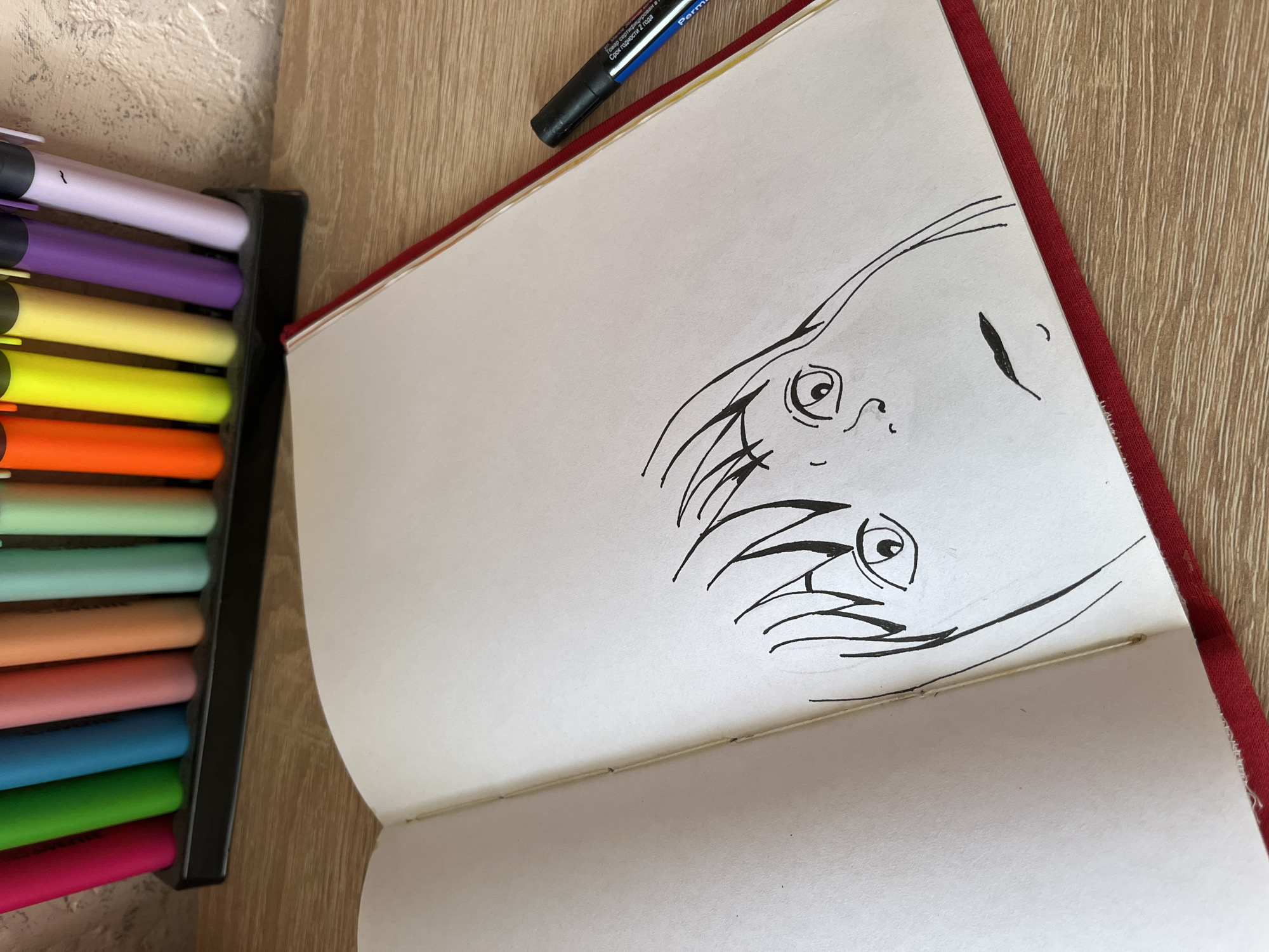 A notebook with a sketched face is open on a wooden surface. The sketch is in black ink and shows the upper part of a face with wide eyes and hair. The notebook has a red cover. To the left of the notebook is a black holder containing an assortment of colorful highlighters. A black marker is visible on the right side of the notebook. The background shows a textured wall. The scene appears to be indoors, possibly in a home or studio environment. There are no people visible in the image. The image is taken from a slightly elevated angle, looking down at the notebook. The location of Krasnyye Barrikady, Russia, is not discernable from the provided image.