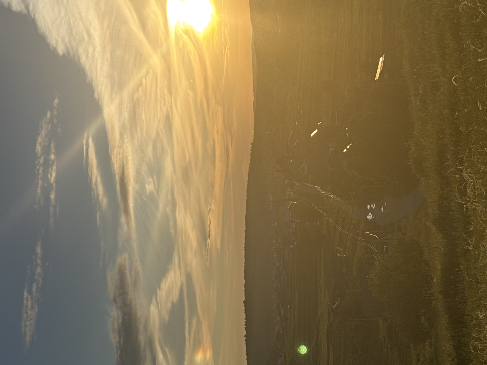 The image captures a serene sunset in Baiki, Russia. The scene is divided horizontally by a treeline, with the left side dominated by a vast sky filled with wispy, elongated clouds illuminated by the setting sun. The sun itself is a bright, golden orb, casting a warm, ethereal glow that streaks across the sky, creating a dramatic and luminous effect. Faint rainbow colors are visible near the bottom left of the sky.
The right side of the image depicts a landscape of fields, likely agricultural, bathed in the golden light of dusk. The terrain appears somewhat uneven, with hints of structures or objects scattered throughout the fields, some of which reflect the sunlight, appearing as bright white or yellow specks. One object, a flat, rectangular shape, stands out prominently in the mid-right portion of the frame, angled upwards. The texture of the fields suggests growth, possibly of crops or grass, with some areas appearing denser than others. The overall mood is peaceful and tranquil, indicative of the end of a day in a rural setting. The time of day is clearly sunset, with the warm, low-angled light and the colors in the sky being prime indicators.