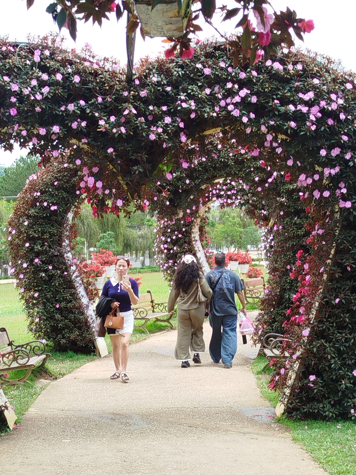 This image depicts a scenic pathway in Lâm Viên - Đà Lạt, Vietnam, adorned with a lush floral archway. Three individuals are walking along the path, with a woman in the foreground pausing to take a picture with her phone. The woman is wearing a dark blue top, white shorts, and black sandals, and carrying a brown handbag. Behind her, a couple walks away from the camera, with the woman in a green tracksuit and the man in a dark t-shirt and jeans. The archway, constructed from dense foliage and adorned with numerous small pink flowers, forms a heart shape overhead, framing the view of the park beyond. Benches are visible on either side of the path, some with decorative heart-shaped backs. The ground is a light-colored paved surface, with green grass and trees visible in the background. The overall atmosphere is tranquil and picturesque, characteristic of a garden or park setting.