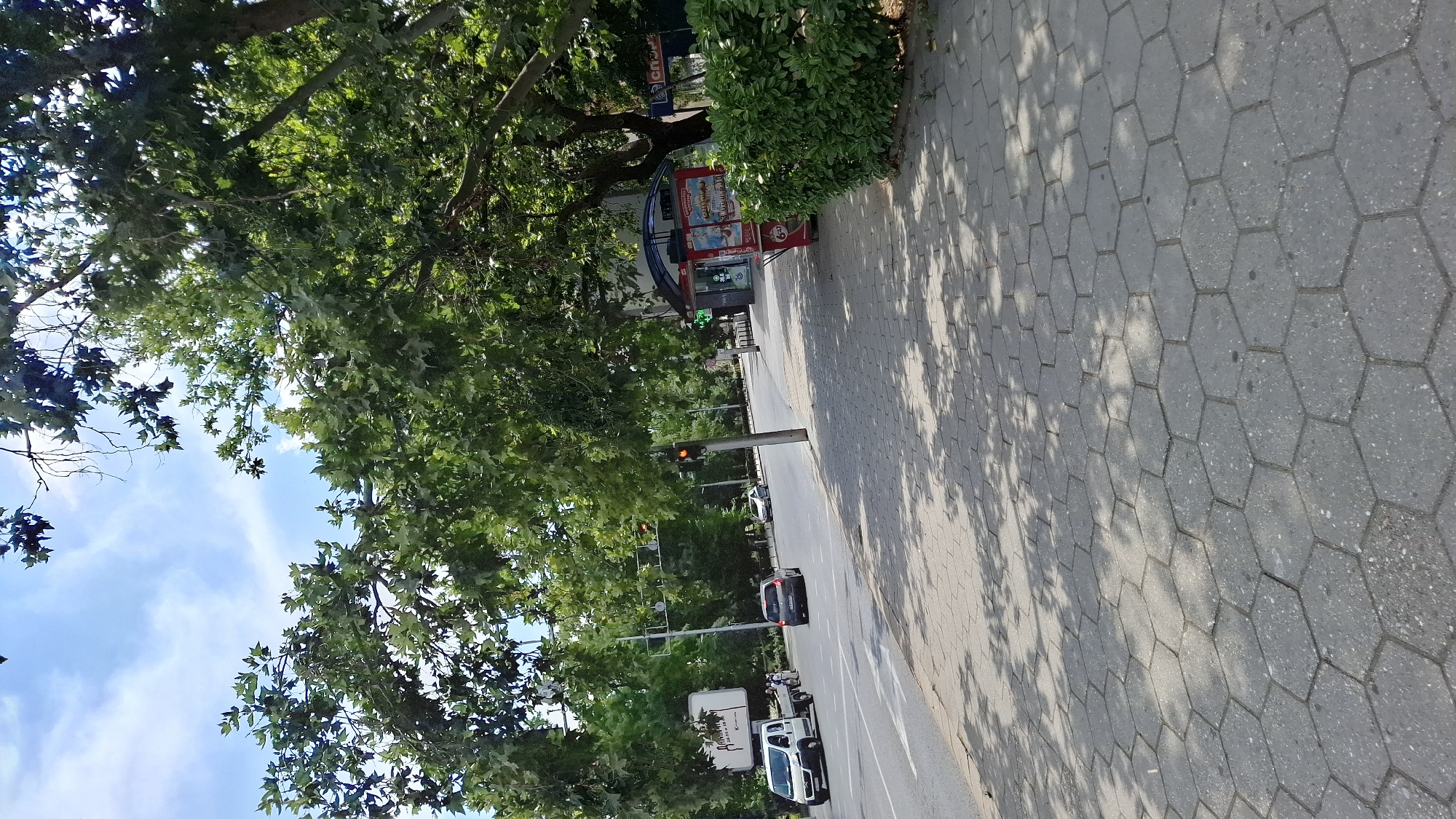 The image depicts a street scene in Plovdiv, Bulgaria. The perspective is from a sidewalk looking towards the street and across a junction with traffic lights. A large tree with lush green leaves dominates the left side of the frame, casting dappled shadows on the hexagonal-patterned sidewalk. In the background, there is a small structure resembling a kiosk or bus shelter with a red and white sign displaying what appears to be advertisements or product information.
The street is paved and has visible lane markings. Several vehicles are present: a dark-colored car is driving on the street, and a white van is parked further down. Traffic lights are visible, with the orange light illuminated, suggesting a transition or caution. Beyond the street, more trees and greenery line the road, creating a somewhat urban yet verdant atmosphere. The sky is blue with some wispy white clouds. The lighting suggests it is daytime, likely mid-morning or afternoon, with bright sunlight creating strong shadows. No people are clearly visible in the image, and the overall mood is one of a quiet, ordinary day in a city. Text is visible on the red and white sign in the background, but it is not legible enough to be read.