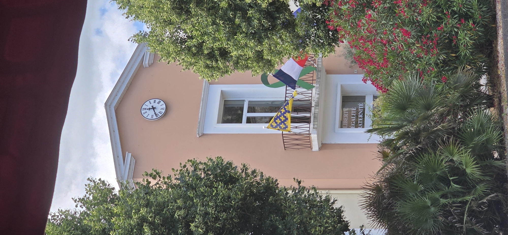 The image shows a pale pink building with a clock on its facade, set against a cloudy sky. In front of the building, a balcony displays several flags and a green ribbon. Below the balcony, a window has text that reads "LIBERTE EGALITE FRATERNITE". Lush green trees and vibrant red flowers surround the lower part of the building, with palm trees in the foreground. The scene appears to be outdoors, possibly a public building in a town.