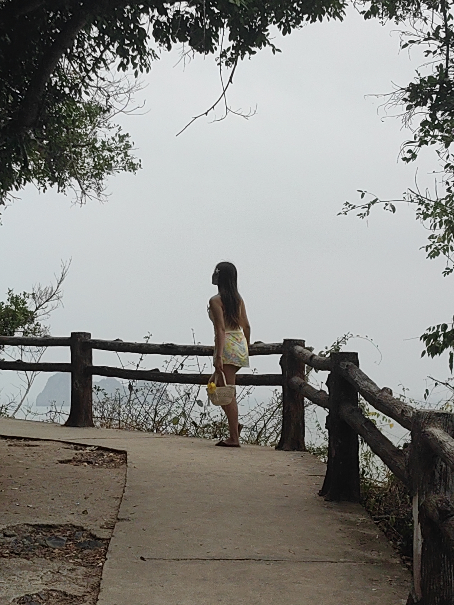 A woman stands on a weathered concrete platform bordered by a rustic wooden fence overlooking a hazy landscape. The woman has long, dark hair and is wearing a light-colored top and a floral-patterned skirt. She holds a small woven basket in her left hand. The platform is surrounded by trees with bare branches and green foliage, framing the scene. The misty background suggests a coastal or mountainous area. This location is in the city of Hải Phòng, Vietnam.