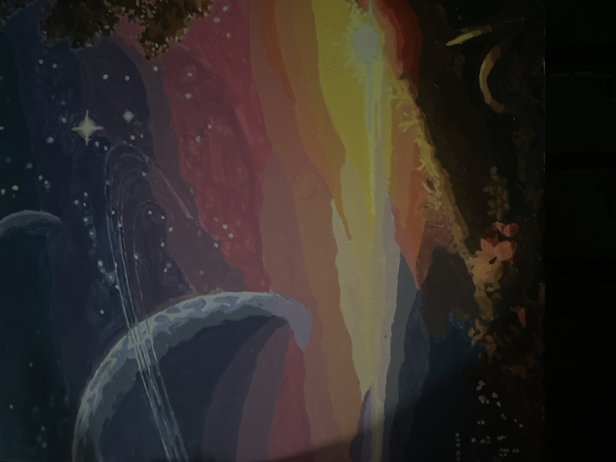This is a painting depicting a surreal landscape with a large planet with rings in the sky, multiple moons, and a starfield. The foreground features rolling hills with a gradient of sunset colors, transitioning from deep blues and purples to oranges and yellows. The vegetation in the foreground is stylized and appears to be illuminated by the setting sun. There are also some hints of lights that could represent a distant city.
There is no information in the image that suggests a specific location in the city of Rivne, Ukraine. The scene is fantastical and does not depict any recognizable landmarks or characteristics of that city.