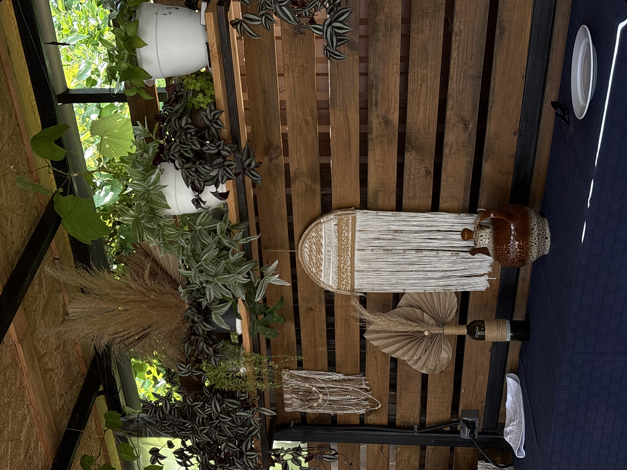 The image depicts an outdoor seating area, likely part of a cafe or restaurant, with a rustic and bohemian aesthetic. The scene is set in Gudauta, Abkhazia. A dark blue tablecloth covers a table in the foreground, on which a white plate and a small black object are placed. Behind the table, a wooden slatted wall serves as a backdrop. Various decorative elements are displayed on the wall and shelves above. These include macrame wall hangings, dried pampas grass, a fan-shaped palm leaf, and a decorative ceramic pitcher. Several potted plants with lush green foliage, including some with variegated leaves, are arranged on a wooden shelf above the wall. The overall impression is one of a relaxed and inviting outdoor space, decorated with natural and handcrafted items. The natural light suggests it is daytime.