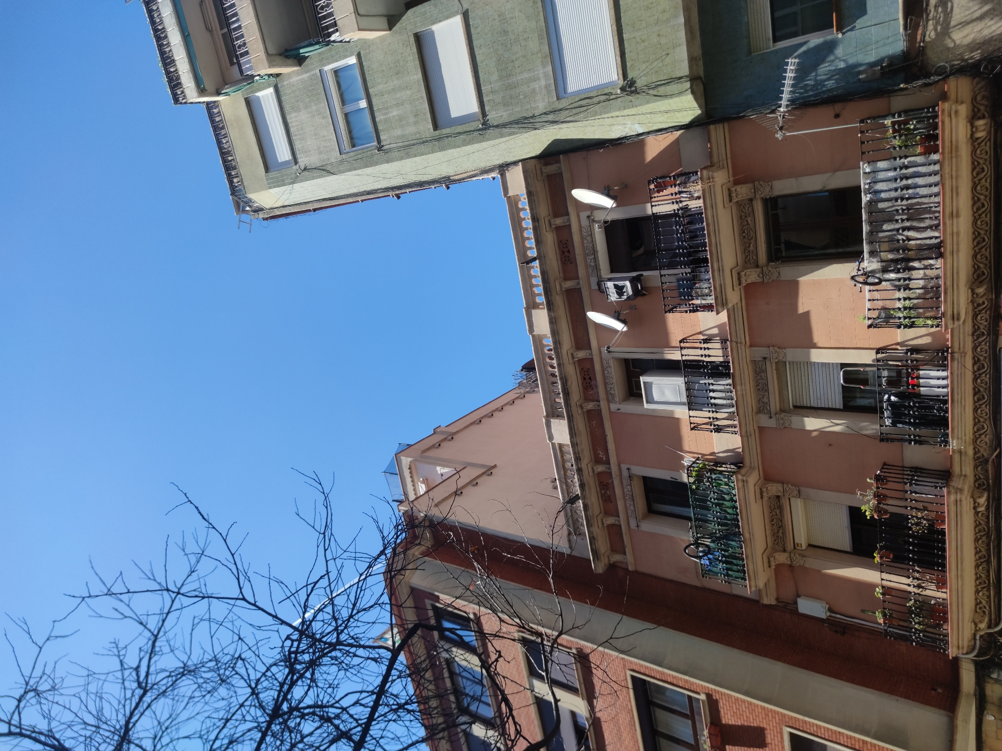 The image depicts a view of buildings and a tree against a blue sky. The buildings are varied in color, with one painted green and another painted pink, with brick elements. Some buildings have balconies with wrought iron railings, and satellite dishes are mounted on the walls. Windows are visible with some being open and others being closed. A bare tree with dark, leafless branches occupies the lower left portion of the frame, contrasting against the sky. The buildings appear to be in close proximity, creating a narrow view corridor up to the sky. The location is in the city of Unknown, Unknown.