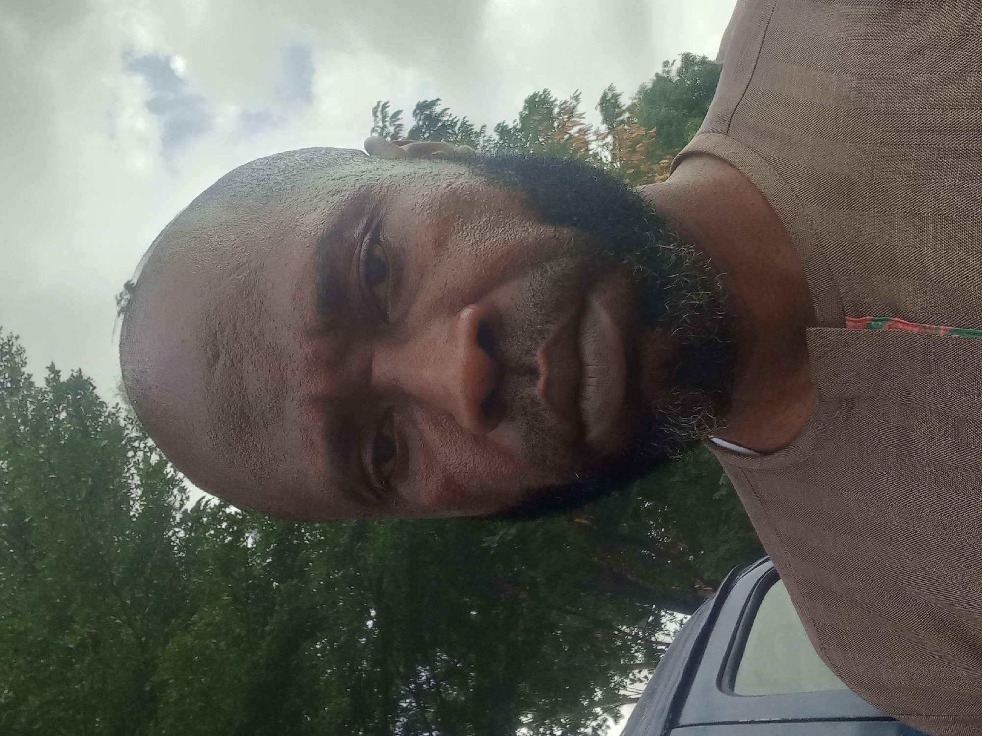 A close-up, low-angle portrait captures an adult man looking directly at the camera. He has dark skin, a shaved head, and a full, dark beard. His face and forehead appear moist and somewhat shiny, possibly from humidity or sweat. His expression is neutral or slightly serious.
He is wearing a brown garment, possibly a traditional tunic or shirt, which features a subtle horizontal striped texture. A small detail of colorful fabric, appearing green and red, is visible on the placket or collar area of his clothing.
The background shows an overcast sky with dense green foliage from trees. The lighting is soft and diffused due to the heavy cloud cover. In the bottom right corner, part of a dark-colored vehicle, likely a car or truck, is visible, including its roofline and a portion of a window. The scene is outdoors, suggesting a casual moment in a natural or semi-urban environment. There is no visible text in the image. The setting is consistent with an outdoor location such as Dadi Riba, Nigeria.