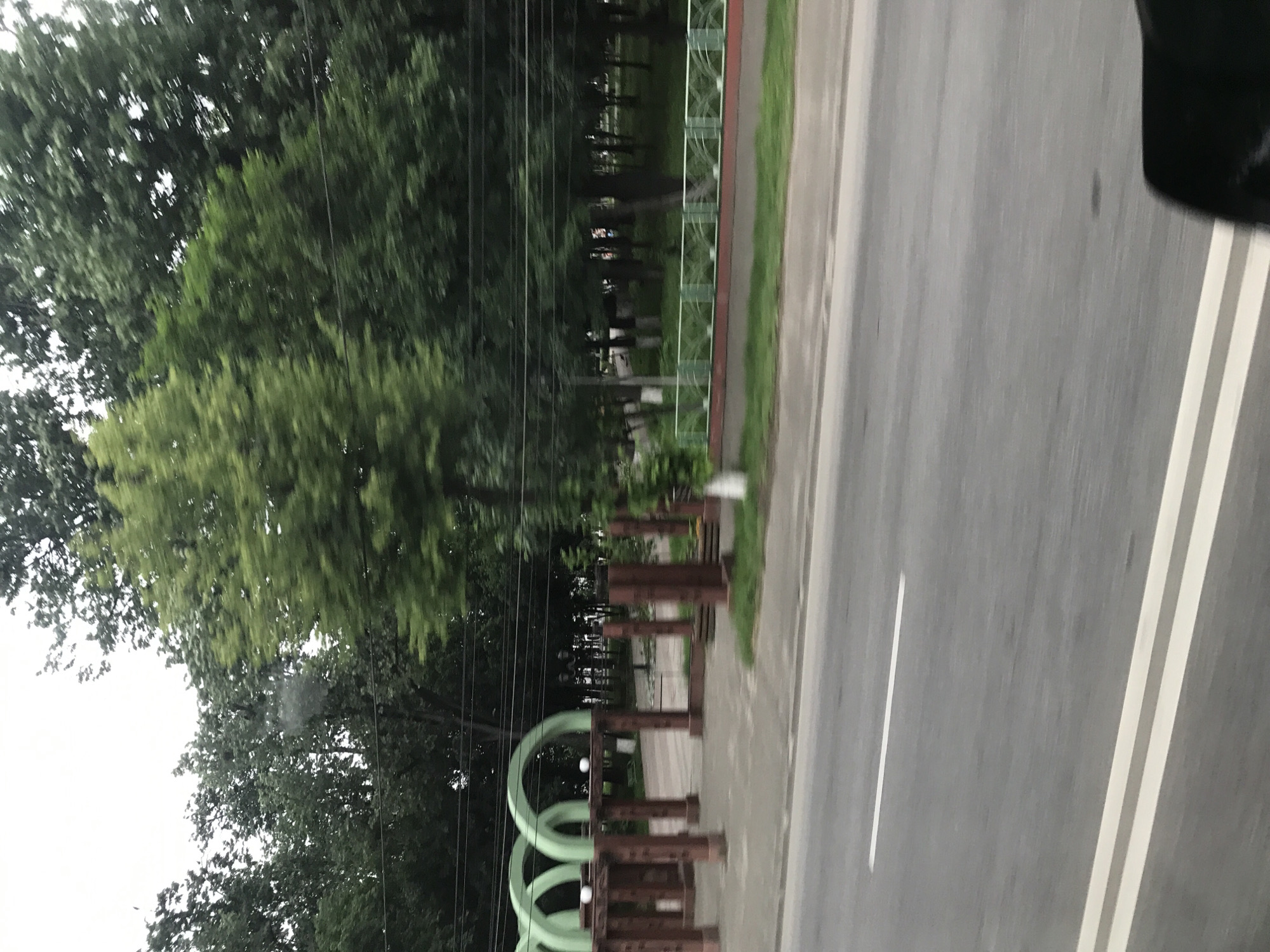 The image depicts an outdoor scene captured from a moving vehicle, evidenced by motion blur. The perspective is directed towards the right side of a road in Roman, Romania, specifically showing an entrance to a park, likely Parcul Municipal.
In the foreground, an asphalt road with visible white lane markings is present. A double solid white line marks the center or edge of the road, and a single dashed white line is visible further to the left. A concrete curb separates the road from the adjacent pedestrian and park areas.
To the left of the road, a distinctive architectural structure serves as an entrance. This structure comprises multiple vertical, reddish-brown, pillar-like supports topped with light green, semi-circular archways. At least three full arches are visible, with two white spherical objects positioned atop some of the brown supports. Beyond this archway, a paved pathway or plaza leads into a densely treed park.
To the right of the road, a low decorative fence borders a grassy strip. The fence has a reddish-brown base and features light green, ornate, curved metal sections. Behind this fence, a large park area extends, characterized by numerous mature trees with various shades of green foliage. A white vertical post is visible within the park.
Multiple dark power or communication lines traverse horizontally across the mid-ground, suspended above the park entrance and trees. The sky is overcast and uniformly light grey, visible through breaks in the tree canopy. No individuals are present in the scene.