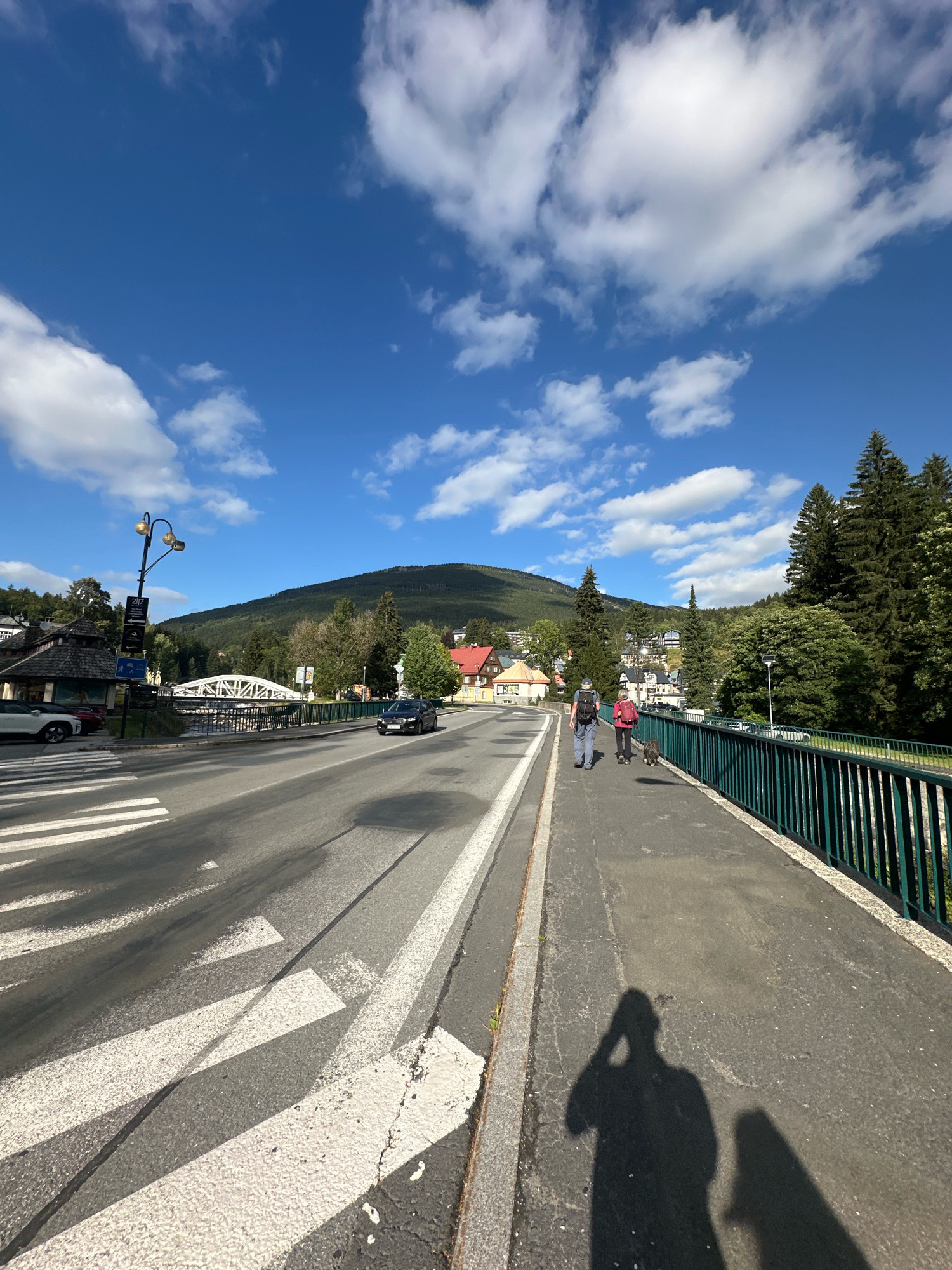 A clear, sunny day unfolds in this outdoor, eye-level, vertical shot. The scene is set on a pedestrian walkway adjacent to a road. Two individuals are walking away from the camera, with one person accompanied by a dog. They are heading towards a distant, lush green hillside dotted with houses and trees. The walkway has a dark, asphalt surface and is bordered by a dark green metal railing on the right side. To the left, a road with white pedestrian crossing lines is visible. In the background, a white arch bridge spans across a body of water. The sky is a vibrant blue, with scattered white clouds. The overall impression is of a serene, picturesque setting.