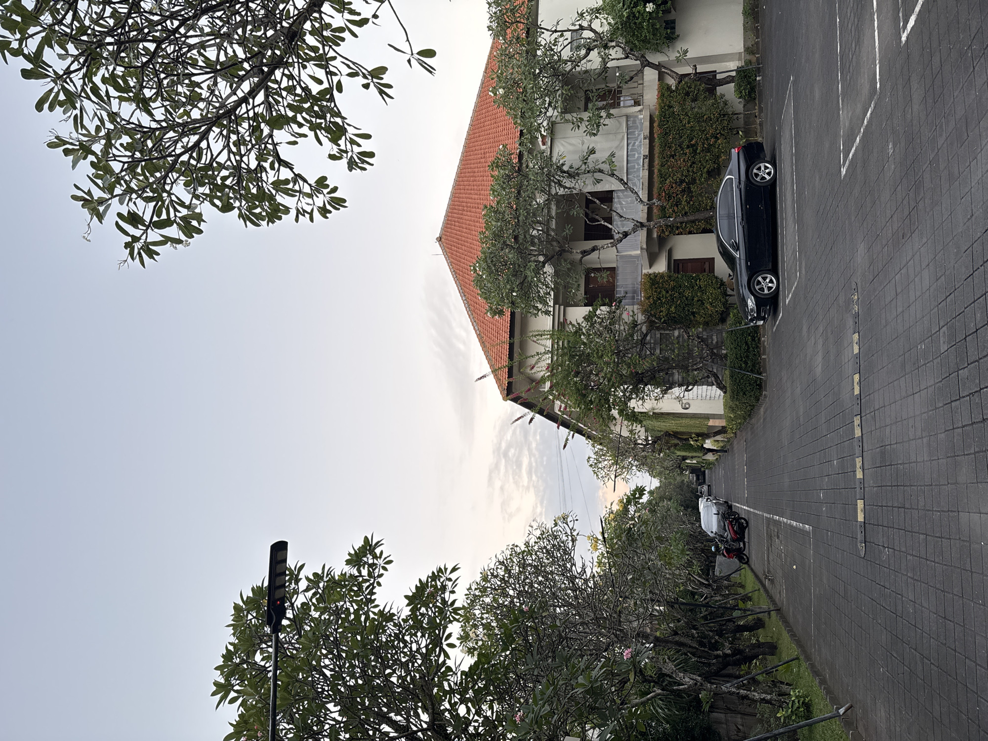 The image depicts a street scene in Denpasar, Indonesia, likely during the late afternoon or early evening due to the soft, diffused light. The sky is overcast with a few wispy clouds, suggesting a possibly humid tropical climate. The perspective is from a low angle, looking up and to the side, giving a sense of immersion in the environment.
The foreground is dominated by the lush green foliage of tropical trees, with some of their branches extending into the frame, creating a natural canopy. One of these trees has small white flowers. In the mid-ground, a multi-story building with a terracotta-tiled roof is visible. It appears to be a residential or commercial structure with balconies and numerous windows. Lush green bushes and hedges surround the building, integrating it with the natural landscape.
A black sedan is parked in a designated parking space on a paved street constructed with interlocking pavers. Further down the street, another vehicle, possibly a white van, and a red motorcycle are parked. A street lamp with a solar panel is visible on the left side of the frame, suggesting modern infrastructure. A speed bump is present on the right side of the street.
The overall impression is one of a tranquil, tropical urban environment. There is no visible text in the image. The scene suggests a quiet day, with no people actively engaged in visible activities. The focus is on the architecture, vegetation, and vehicles, creating a snapshot of a typical street in Denpasar.