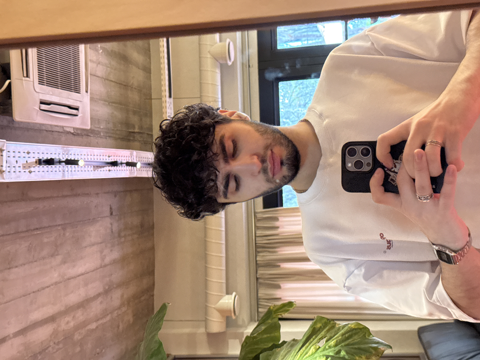 A man with dark curly hair and a beard is taking a selfie in a mirror. He is wearing a white sweatshirt and a watch on his left wrist, with rings on his fingers. He holds a black smartphone. The mirror reflects a room with a wooden-paneled wall, a window with a view of trees, and a white air conditioner unit. A green plant sits in the foreground. The location could be in Yerevan, Armenia, but without additional context or specific landmarks, that cannot be determined with certainty from the image alone.