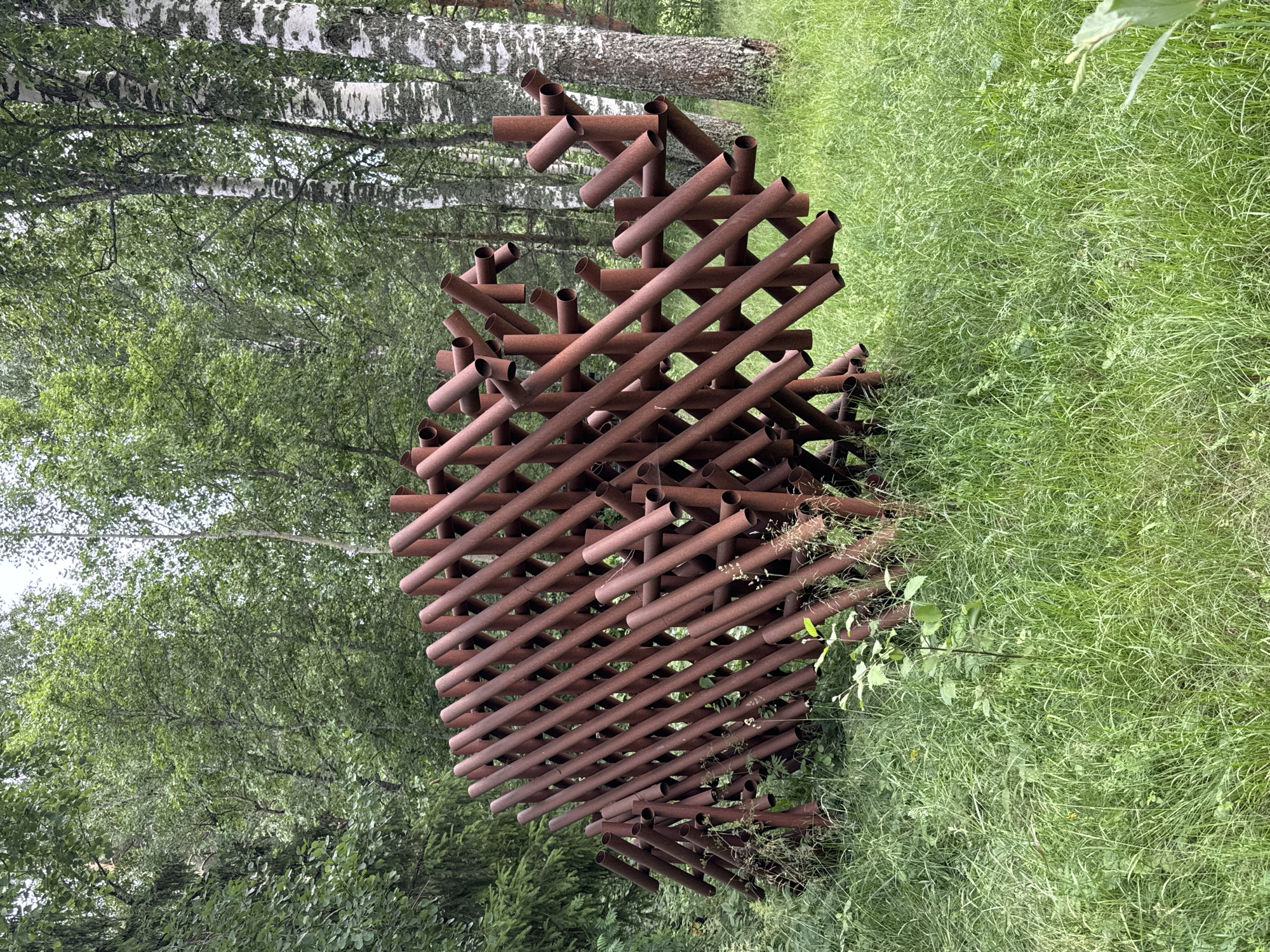 An abstract sculpture made of rusty metal pipes is situated in a grassy area in front of a forest. The sculpture is arranged in a diagonal, lattice-like pattern and appears to be in the shape of an animal, possibly a hedgehog or a pangolin, with its body made of intersecting tubes. The surrounding environment is characterized by lush green grass and tall trees with green foliage, including birch trees with distinctive white bark. The sky is overcast and pale. The location is specified as Mars, Russia. There are no people visible in the image.