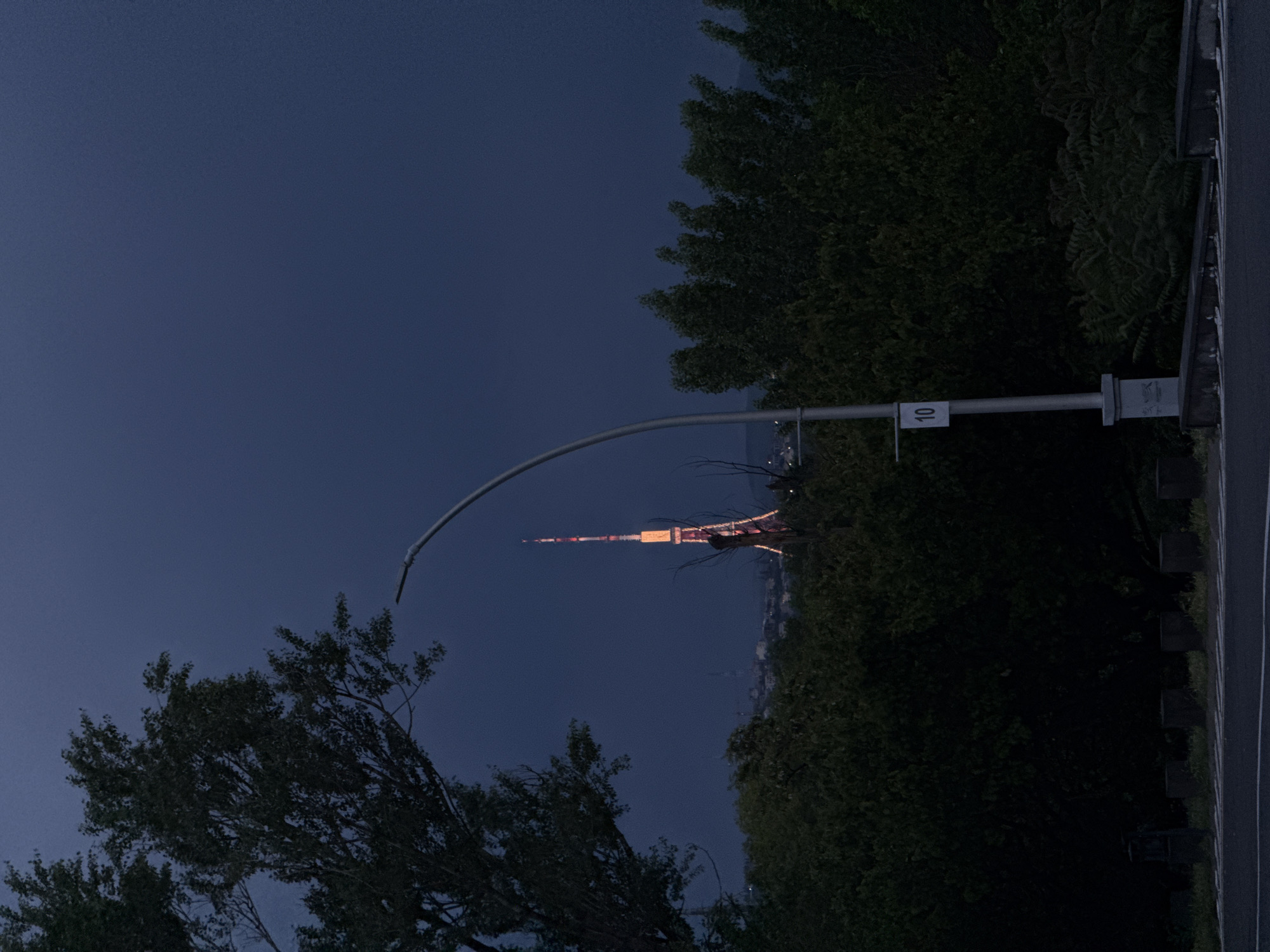 The image shows a nighttime view of a city with a tall tower illuminated in the distance. The tower is orange and white and has a spire at the top. In the foreground, there are trees and a street lamp with a sign that reads "10". The sky is dark blue. The scene is viewed from ground level.
The image does not show a location in Yerevan, Armenia. The tower appears to be the Tokyo Tower.