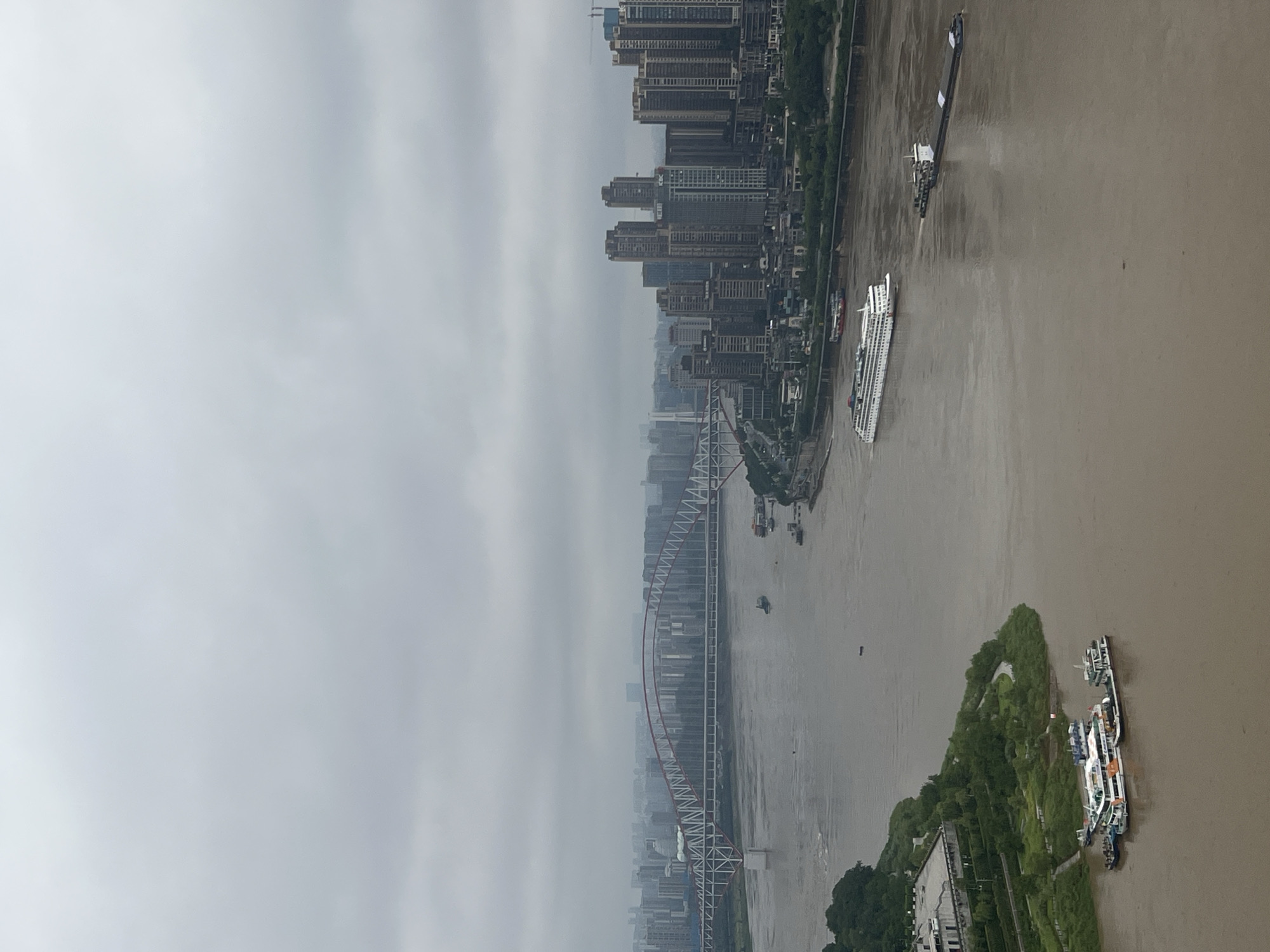 This aerial, high-angle, landscape photograph captures a wide view of the Yuzhong District in China under an overcast sky. A wide, muddy river dominates the foreground and midground, with several boats visible. In the foreground, to the left, a cluster of smaller boats are docked near a green, tree-lined bank. Further out in the river, a large, white cruise ship is navigating from left to right. To the right of the cruise ship, a long, dark barge is being towed.
In the midground, a large, arched bridge spans the river. The bridge has a red arch and a white supporting structure. Beyond the bridge, a dense cityscape rises, characterized by numerous tall, modern buildings with a variety of architectural styles. The sky is uniformly grey and cloudy, obscuring any direct sunlight and contributing to a muted color palette throughout the image. The overall impression is one of a busy, urban environment situated along a major waterway.