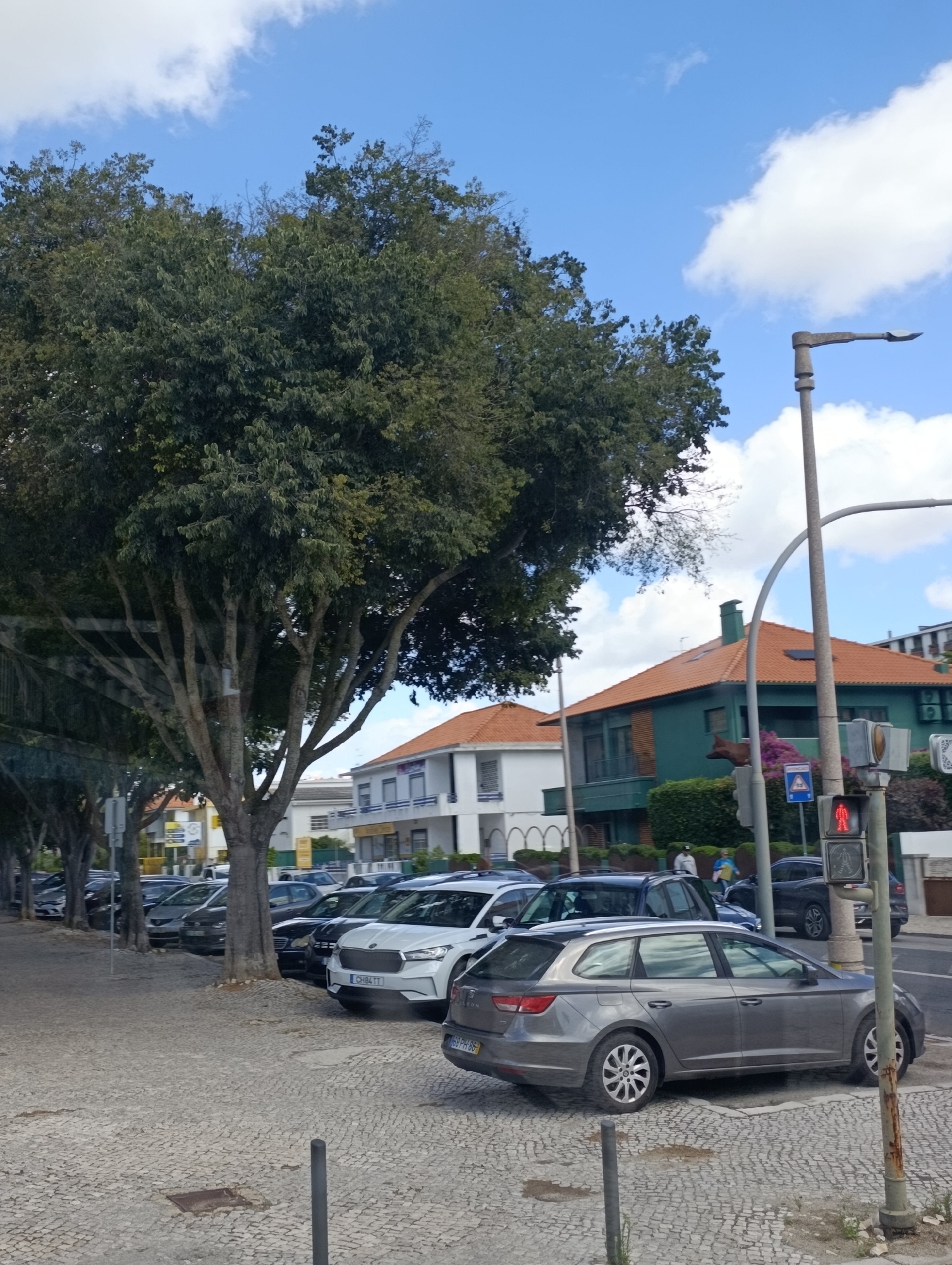 The image depicts a street scene in Setúbal, Portugal, under a blue sky with scattered clouds. The foreground shows a cobblestone sidewalk with a parked grey station wagon. Several other vehicles are parked along the street, including a white SUV. On the right side of the image, a traffic light is visible, with the red pedestrian signal illuminated. Behind the cars, there are buildings with orange-tiled roofs and green facades, characteristic of Portuguese architecture. A large tree with dense foliage dominates the left side of the frame, casting shadows on the sidewalk and street. Some people are walking on the sidewalk in the background. The scene suggests a typical urban environment on a bright day.