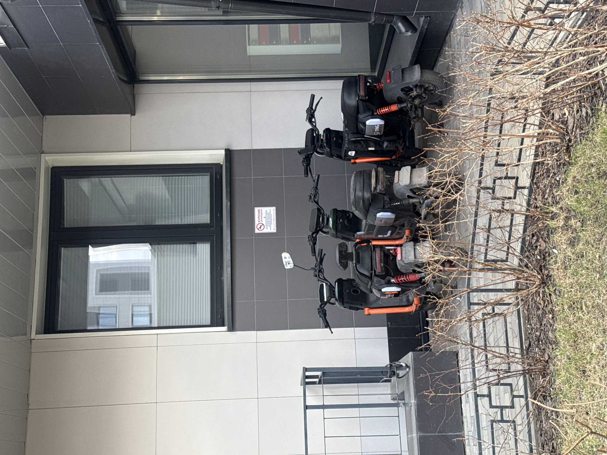 The image depicts a street scene with two black electric scooters parked next to the wall of a building. The building features a window with a dark frame and is clad in light-colored tiles, with a darker gray tiled section adjacent to the parking area. A "No Smoking" sign is attached to the gray tiled wall. A small metallic fence or barrier is visible on the bottom left. Vegetation including bare bushes and some grass is present on the right side of the frame along the edge of the sidewalk. The sidewalk appears to be paved with patterned tiles. Based on architectural styles and other contextual elements, the location is potentially within the city of Saint Petersburg, Russia.