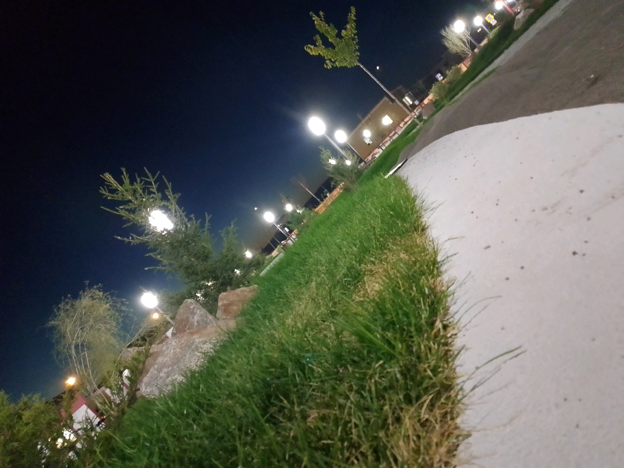 The image depicts an outdoor scene at night, possibly a park or a public area, located in Kyzyl, Russia. The composition is diagonal, with the foreground dominated by a strip of green grass that slopes upwards to the right. To the right of the grass is a light-colored, textured surface, possibly a pathway or a concrete structure. Beyond the grass, several streetlights with bright, round bulbs illuminate the scene.
In the mid-ground, there are various elements including trees with sparse foliage, some rocky formations, and structures that appear to be buildings in the background. One notable streetlight is positioned near a thin tree with wispy branches. Further back, more streetlights are visible, suggesting a well-lit urban or park environment. The sky is dark, indicating it is nighttime. There are no people visible in the image.