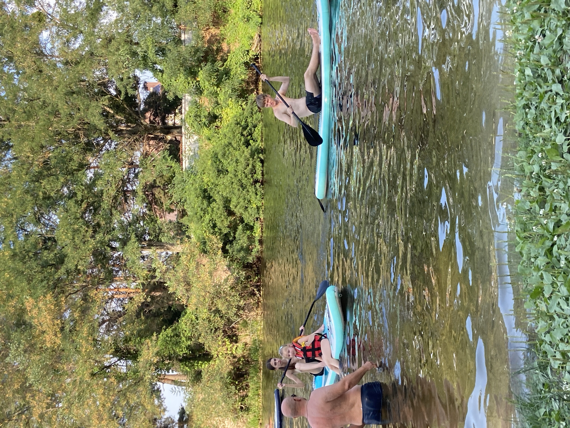 The image depicts a scene on the water in the city of Petrivka, Ukraine, with a group of people paddleboarding. In the foreground, a man with a shaved head and sunglasses is partially submerged in the water, facing away from the camera. To his right, two individuals are on a light blue paddleboard. A teenage girl with long brown hair is paddling with a black paddle. Sitting in front of her is a young girl wearing a life vest over a yellow swimsuit, also holding a paddle. Further to the right, a young man with short blond hair is seated on another light blue paddleboard, also holding a paddle. The water is calm and reflects the surrounding greenery. The background features a dense line of trees with lush green foliage, suggesting a natural, possibly park-like setting within the city. The sky is visible through the tree canopy, appearing clear and bright.