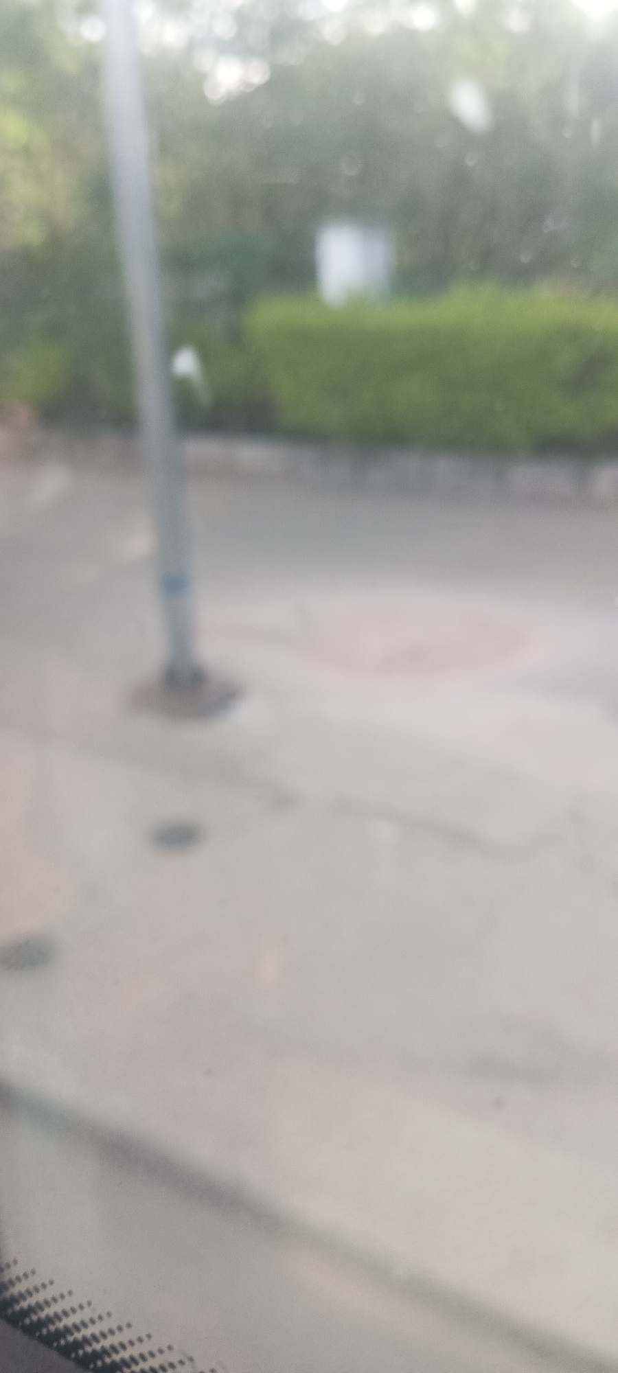 The image captures an extremely blurry outdoor scene, possibly viewed through a window, as indicated by a subtle patterned texture in the bottom-left corner. The overall color palette is dominated by muted greens, grays, and whites.
In the foreground, a light-colored concrete surface is visible, featuring a grey utility pole positioned on the left side with a dark, broad base. Two dark, circular shapes, likely manhole covers or drainage grates, are embedded in the concrete ground to the right of the pole.
The midground shows a lighter grey road or path, bordered by a low, dense green hedge or shrubbery. A faint, circular reddish marking is barely discernible on the ground surface in this area.
The background consists of heavily blurred green foliage, suggesting trees or bushes. A light-colored, rectangular object, possibly a sign, building, or utility box, is partially obscured by this dense greenery. The top section of the image is bathed in bright, diffused light, indicating a daytime setting, though specific weather conditions are unclear due to the blur.
No people or distinct activities are visible. The extreme blur is the most notable detail, rendering all elements indistinct. There is no visible text. The scene depicts a generic outdoor environment consistent with a roadside or park area.