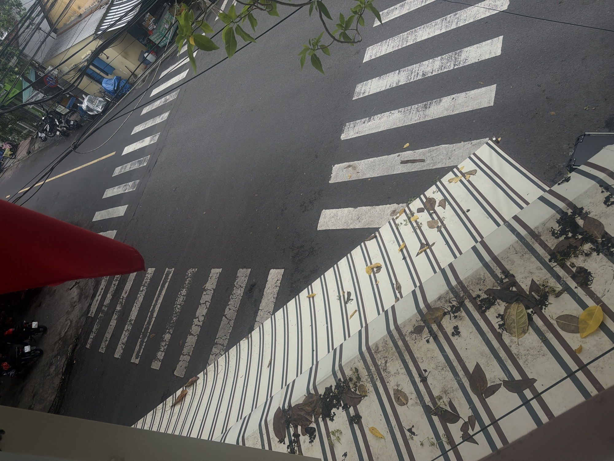 This image provides an elevated, tilted perspective of an urban street scene, likely in Nha Trang, Vietnam, given the provided context. The asphalt road runs diagonally through the frame, featuring a prominent white zebra crossing with well-defined stripes that cast shadows, suggesting bright daylight. A faded yellow dashed line is also visible in the road's center further into the background.
On the far side of the street, a dense network of black electrical or utility wires crisscrosses above a row of buildings. These structures appear to be commercial or residential, with varied architectural styles, some featuring awnings in shades of green and blue tarps. Several motorbikes are parked along the street and sidewalk, a common sight in Vietnamese cities.
The foreground is dominated by a wide, white surface patterned with vertical dark blue and brown stripes, possibly an awning, balcony, or a lower roof from which the photograph was taken. This surface is partially covered with scattered dry leaves in shades of brown and yellow, along with some small bits of debris. A vibrant red object, possibly another section of an awning or fabric, is visible in the lower-left corner of the frame. Green leaves from a tree branch extend into the upper-right corner, casting soft shadows.
The scene is static, devoid of people or active events, focusing instead on the urban infrastructure and environment. The dense overhead wiring and the prevalence of motorbikes are strong visual cues indicating the Southeast Asian, specifically Vietnamese, setting. The clear shadows suggest a sunny day, likely during late morning or early afternoon. No legible text is visible within the image.