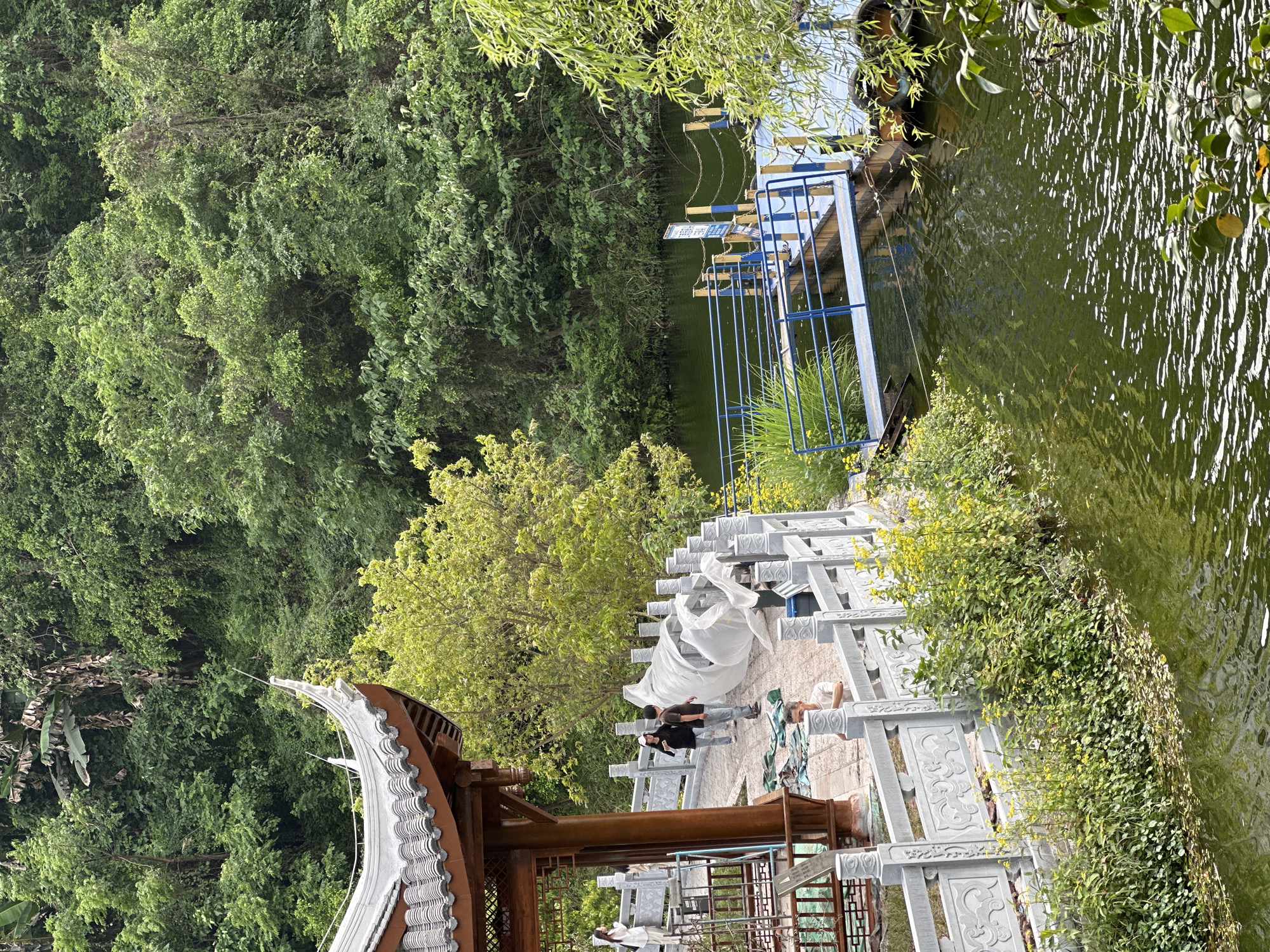 This image presents a serene outdoor scene within a park or scenic area in Liangjiang, China, likely captured on a bright, sunny day. The view looks down over a body of water and an adjacent landscaped path.
To the left, a traditional Chinese-style pavilion with a distinctive curved roof, featuring brown tiles and white ornate decorations, is partially visible. Behind and around the pavilion, a dense expanse of lush green trees and foliage provides a verdant backdrop.
The central area features a stone pathway or plaza, bordered by decorative grey stone railings adorned with intricate carved patterns. On this path, a large white sculpture, partially obscured by white fabric or sheeting, is a focal point, hinting at construction, protection, or a public display. Several individuals are present: two people, one in a white shirt and dark pants and another in a black shirt and white hat, stand near the sculpture. Further towards the water, a person in a white shirt is seen leaning over or resting by the stone railing.
To the right, a body of water, possibly a river or lake, shimmers with reflections of sunlight. A blue metal dock or pier extends into the water from the stone path, complete with blue railings. A blue and white sign on the dock clearly displays the Chinese characters "安全" (Ānquán), meaning "Safety," likely indicating safety guidelines. The edges of the water and the pathway are lined with green plants, some bearing small yellow flowers. The scene combines natural beauty with traditional architectural elements, suggesting a popular and well-maintained public space.