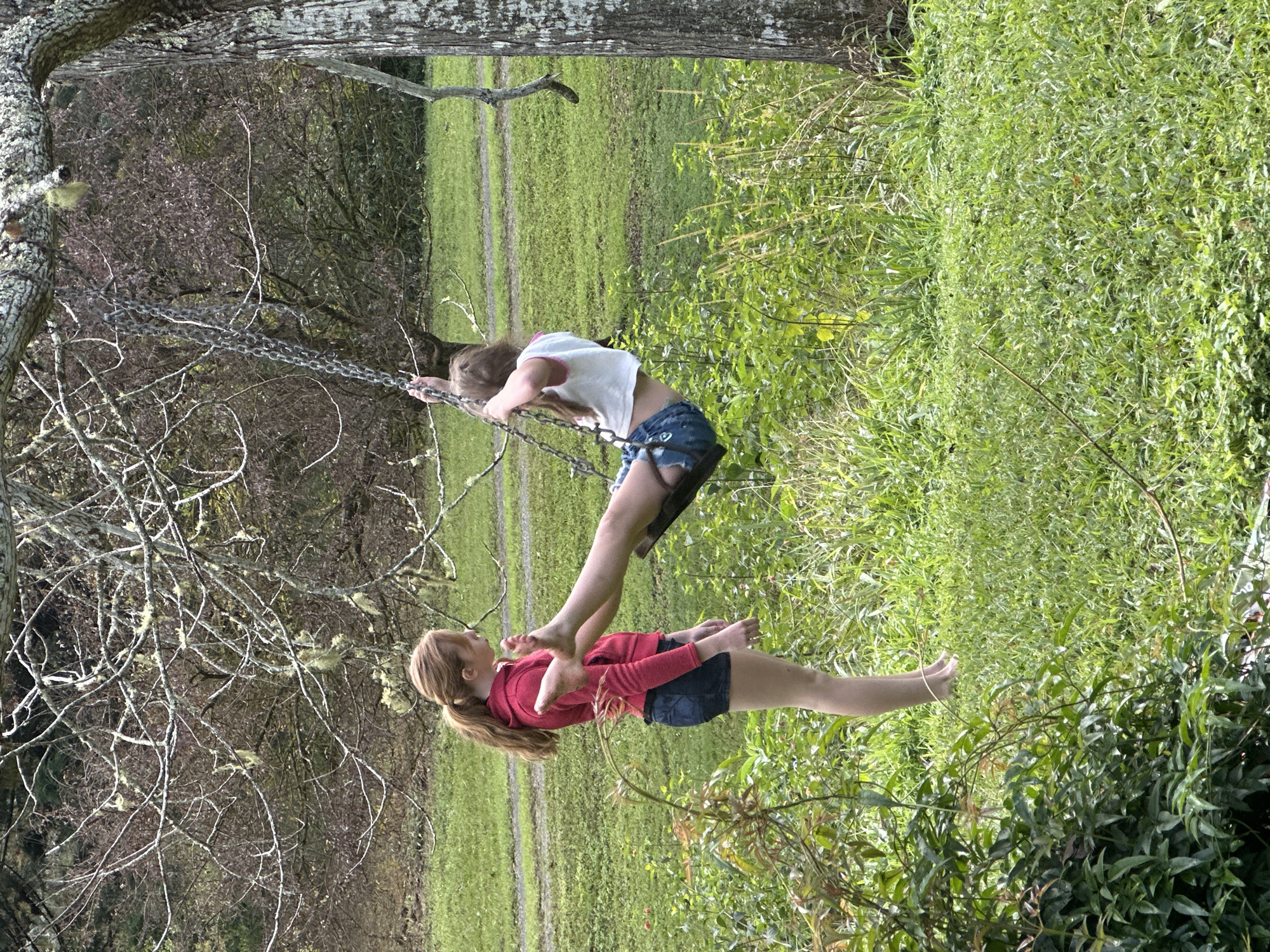 In a grassy, outdoor setting with trees and foliage, two young females are interacting with a swing. One female, with blonde hair pulled back in a ponytail, stands on the ground wearing a red hooded jacket and dark shorts. The other female is in mid-air on the swing, wearing a white crop top and denim shorts, with her legs extended. She appears to be swinging. The swing itself is made of chain and appears to be attached to a tree branch. The background consists of more trees and green grass, suggesting a natural or park-like environment. No specific landmarks or indications of the city of Thora, Australia are visible within the image.