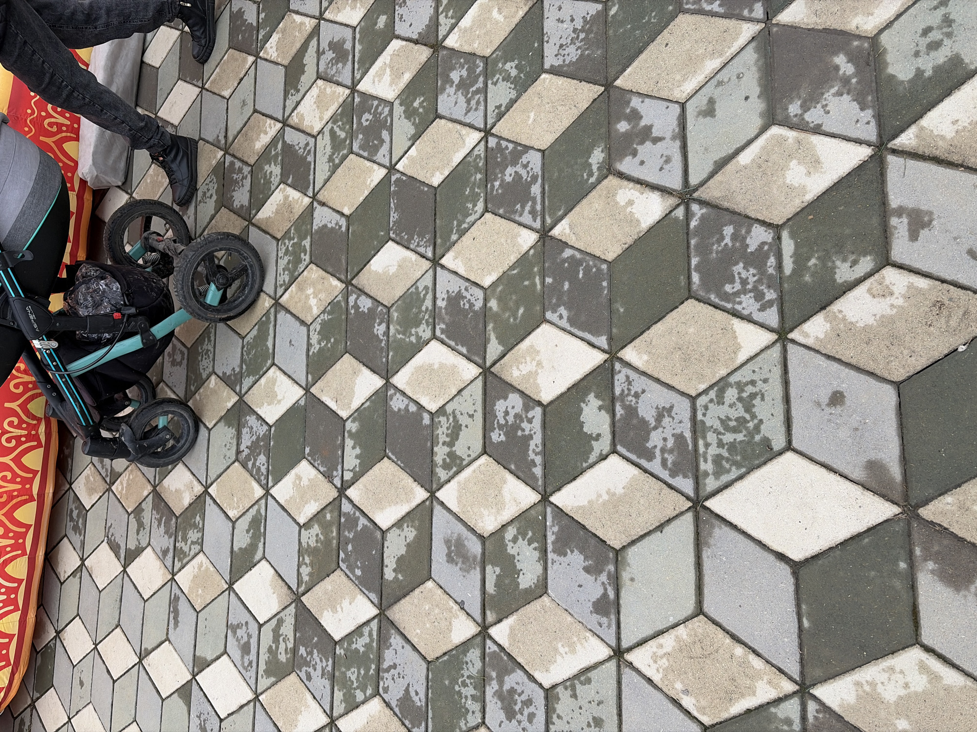 The image depicts a paved area consisting of cube-shaped blocks of varying shades of grey and white, creating an optical illusion of three-dimensional cubes. The ground appears to be wet, with water droplets visible on the surfaces of the blocks.
In the upper left corner of the frame, there are two legs clad in dark denim jeans and black boots, indicating a person standing on the paving. Next to the person's legs is the front of a baby stroller with three wheels. A red and gold patterned blanket is visible adjacent to the stroller.
The image likely originates from an urban setting given the paving and nearby stroller, but there are no further elements in the image to confirm the specific location of Chaikovsky, Russia.
