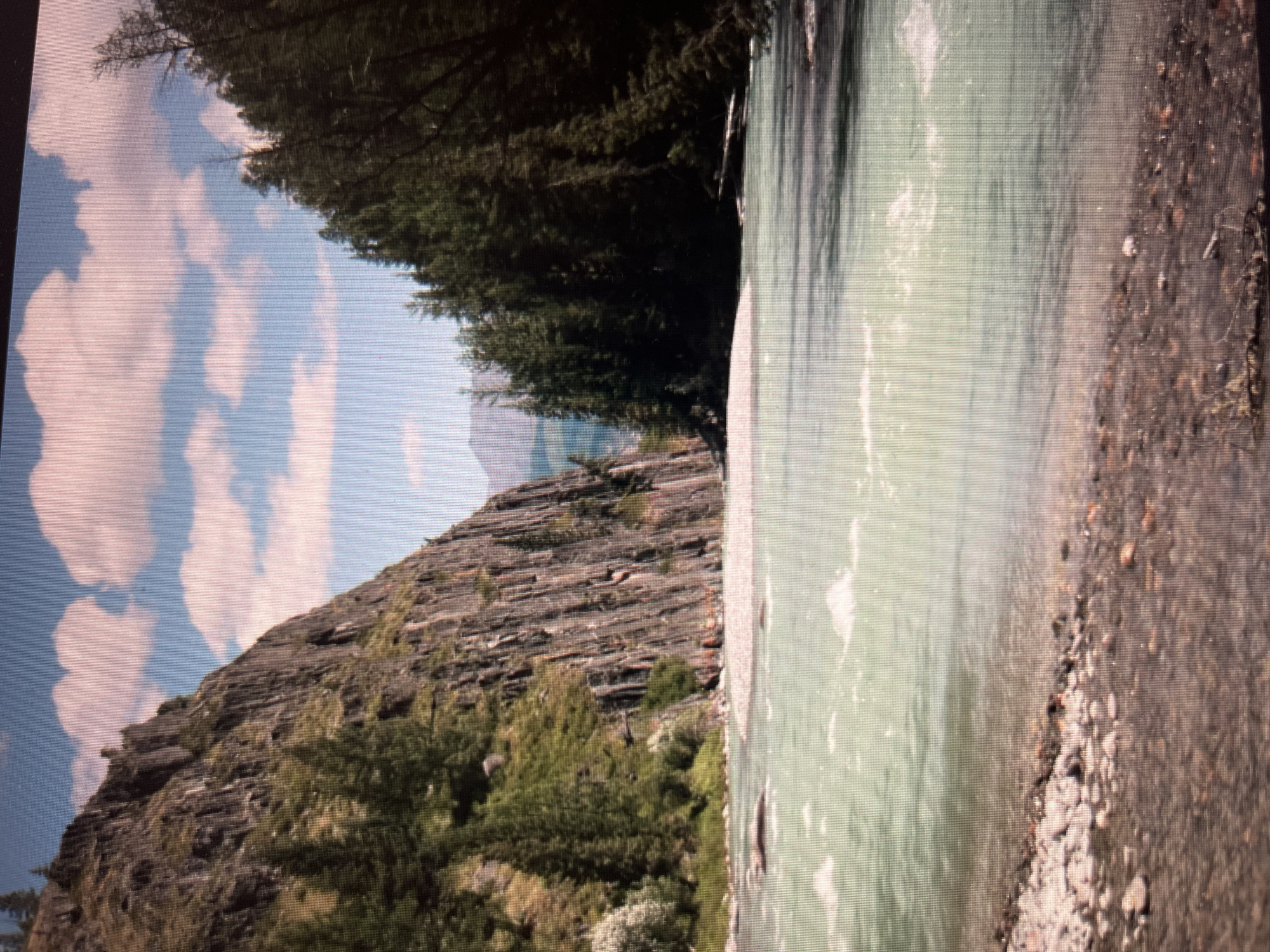 The image depicts a wide, shallow river with pale turquoise water flowing through a gorge. The left bank is characterized by a steep, rocky cliff face covered in patches of green vegetation and scattered trees. The right bank is densely forested with tall, dark green coniferous trees. The sky above is blue with scattered white and pinkish clouds. In the foreground, the riverbed is visible, composed of stones and pebbles. There are no people or man-made structures visible in the image, and the scene appears to be in a natural, undeveloped environment. The location is not in the city of Khimki, Russia, as there is no evidence to support this claim.