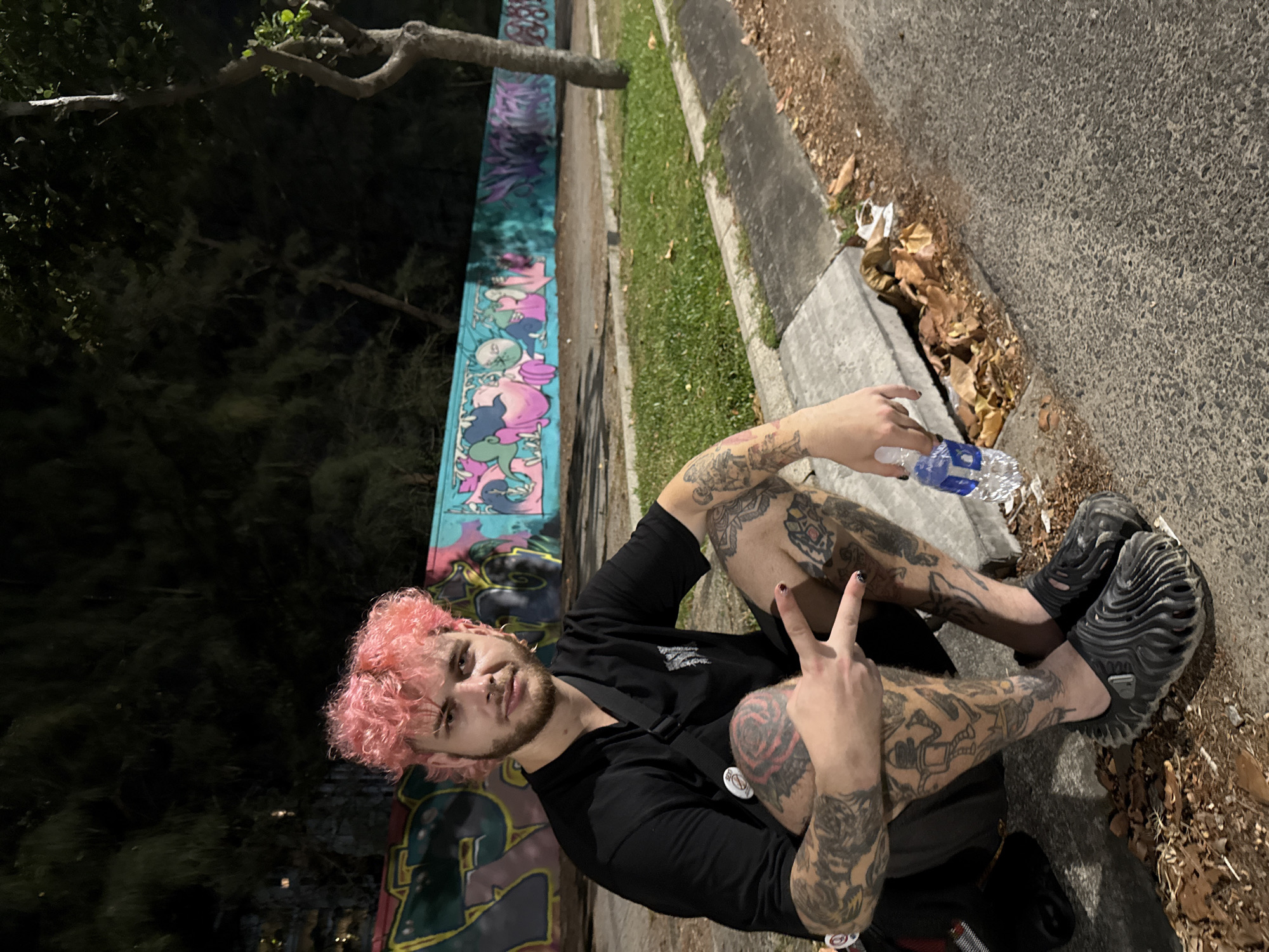 A person with pink hair sits on the edge of a sidewalk in front of a graffiti-covered wall. The person is holding a water bottle and making a peace sign with their right hand. The person is wearing a black shirt and has multiple tattoos on their arms and legs. The sidewalk is adjacent to a grassy area and a street. Fallen leaves are scattered near the curb. It is dark outside. There is no evidence in this image to suggest the location is Đà Nẵng, Vietnam.